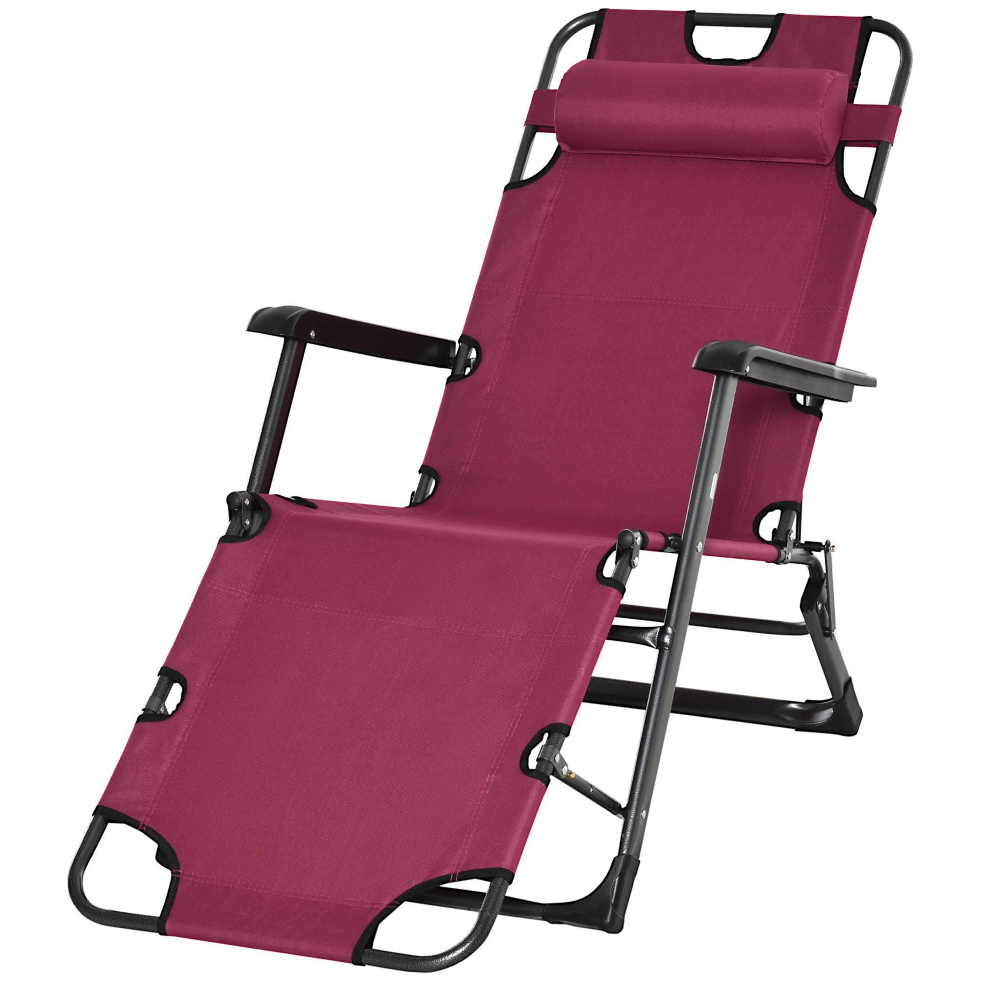 Outsunny Folding Chaise Lounge Chair for Outside, 2-in-1 Tanning Chair with Pillow & Pocket, Adjustable Pool Chair for Beach, Patio, Lawn, Deck, Red