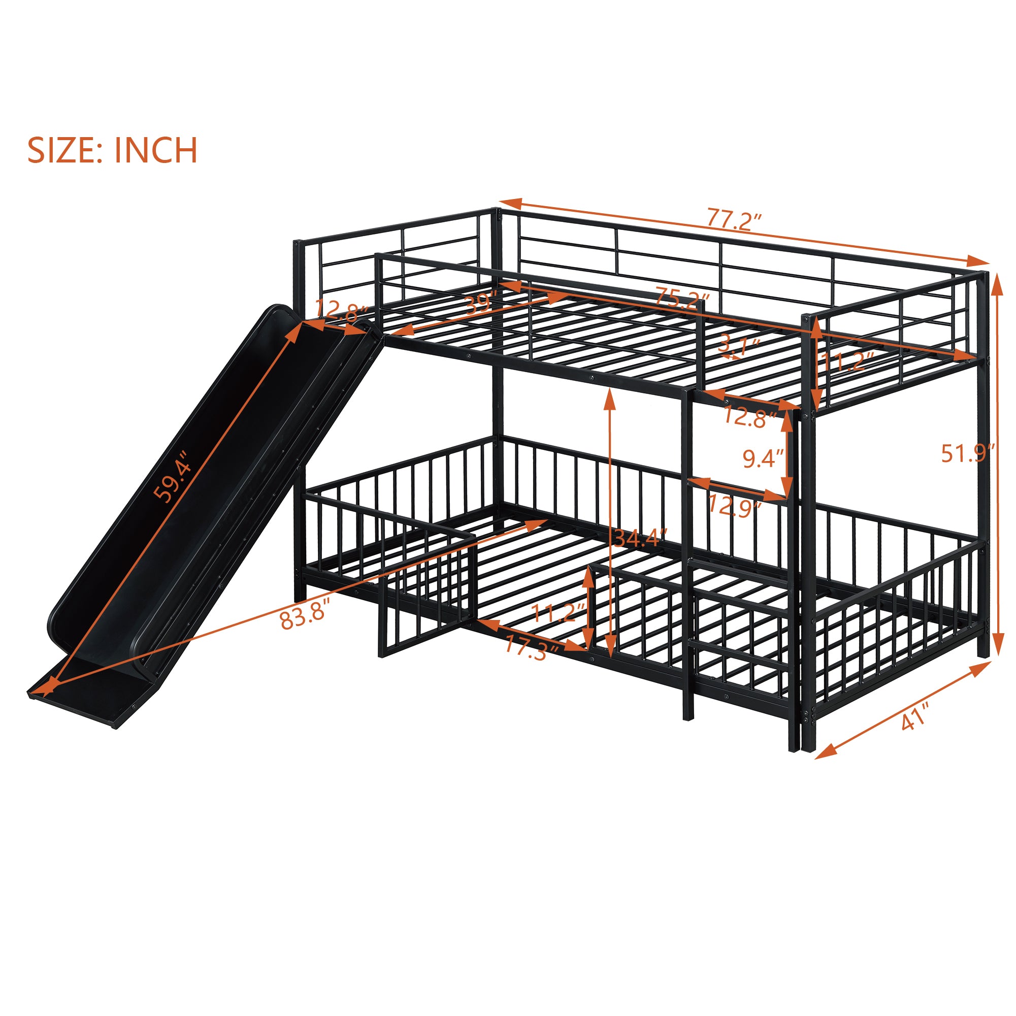 Twin over Twin Size Metal Bunk Bed with Slide and Guardrails, Black