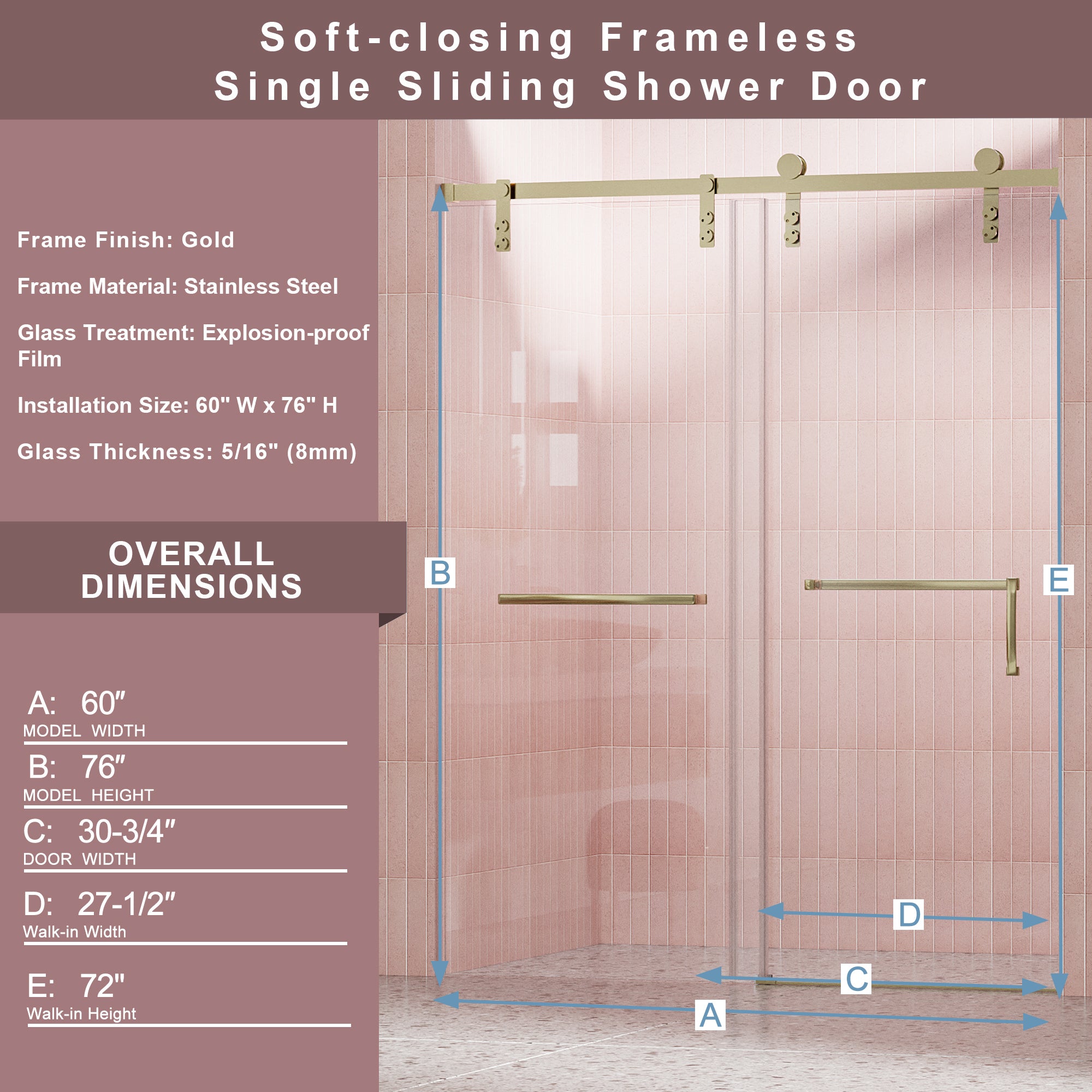 60" W x 76" H Frameless Soft-closing Shower Door, Single Sliding 5/16" (8mm) Clear Tempered Glass Shower Door with Explosion-Proof Film, Stainless Steel Hardware, Gold 24D211-60G-COMBO-1