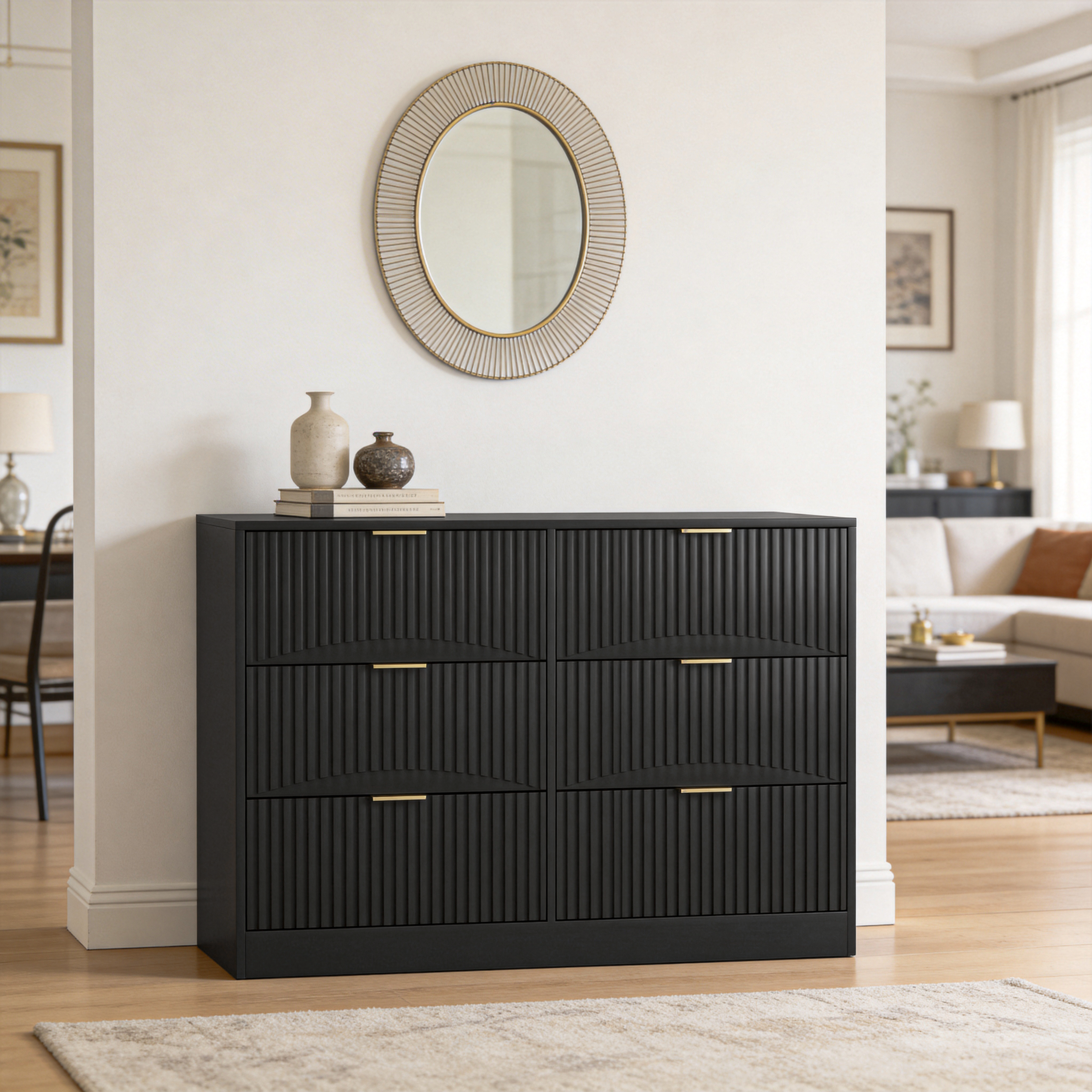 Modern black chest of drawers, close-up of wavy-pattern drawer front