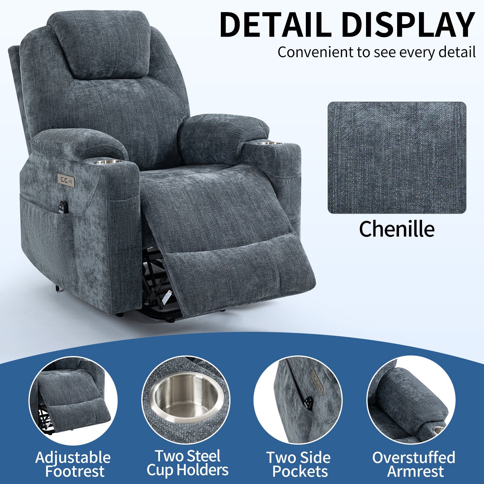 Up to 350 LBS Chenille Power Lift Recliner Chair, Heavy Duty Motion Mechanism with 8-Point Vibration Massage and Lumbar Heating, USB and Type-C Ports, Stainless Steel Cup Holders, Blue