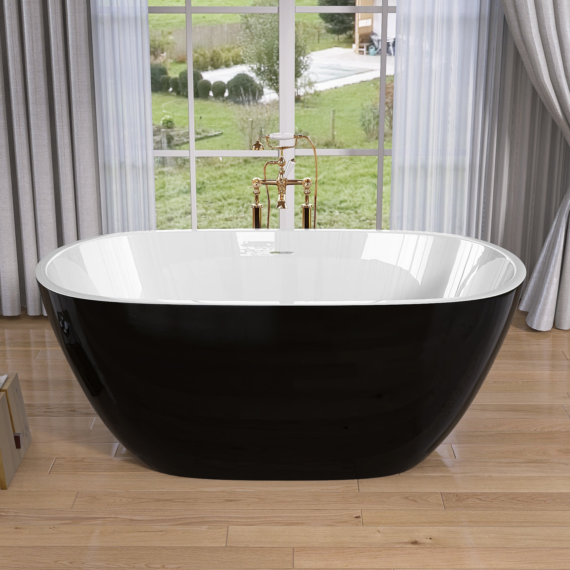 55" Acrylic Freestanding Bathtub Modern Stand Alone Soaking Bathtub with Overflow and Pop-up Drain Gloss Black