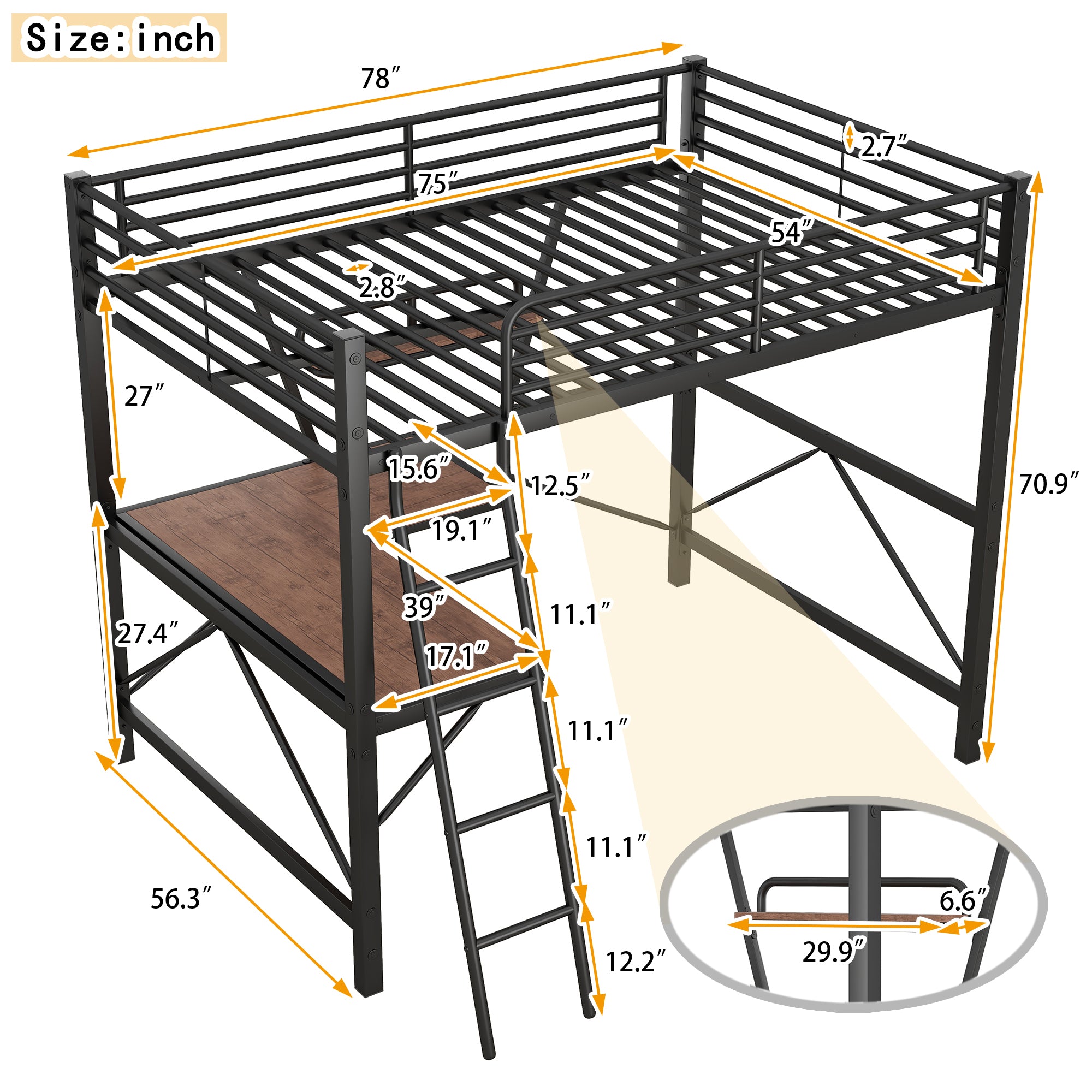 Full Size Loft Metal&MDF Bed with Desk and Shelf, Black