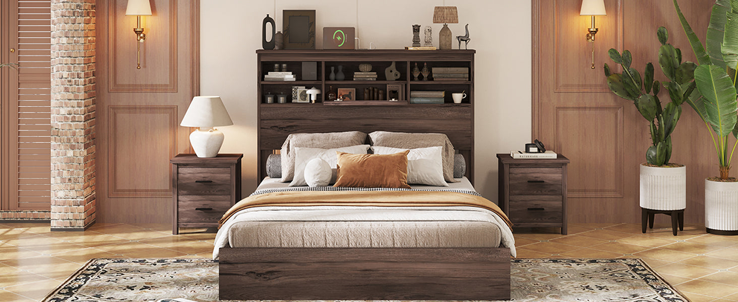 Queen Size Wooden Platform Bed with Storage Headboard,American Country Style Bed with USB Charging Ports,Dark Walnut