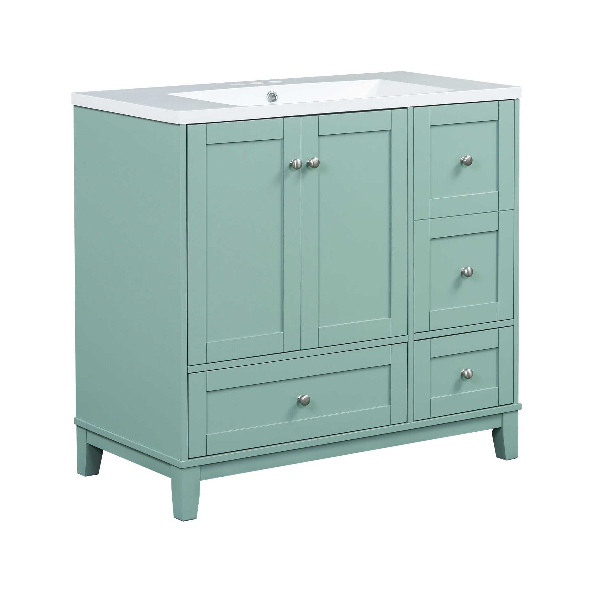 36 Inch Modern Bathroom Vanity with USB Charging, Two Doors and Three Drawers Bathroom Storage Vanity Cabinet, Small Bathroom Vanity cabinet with single sink , Green - Faucets Not Included