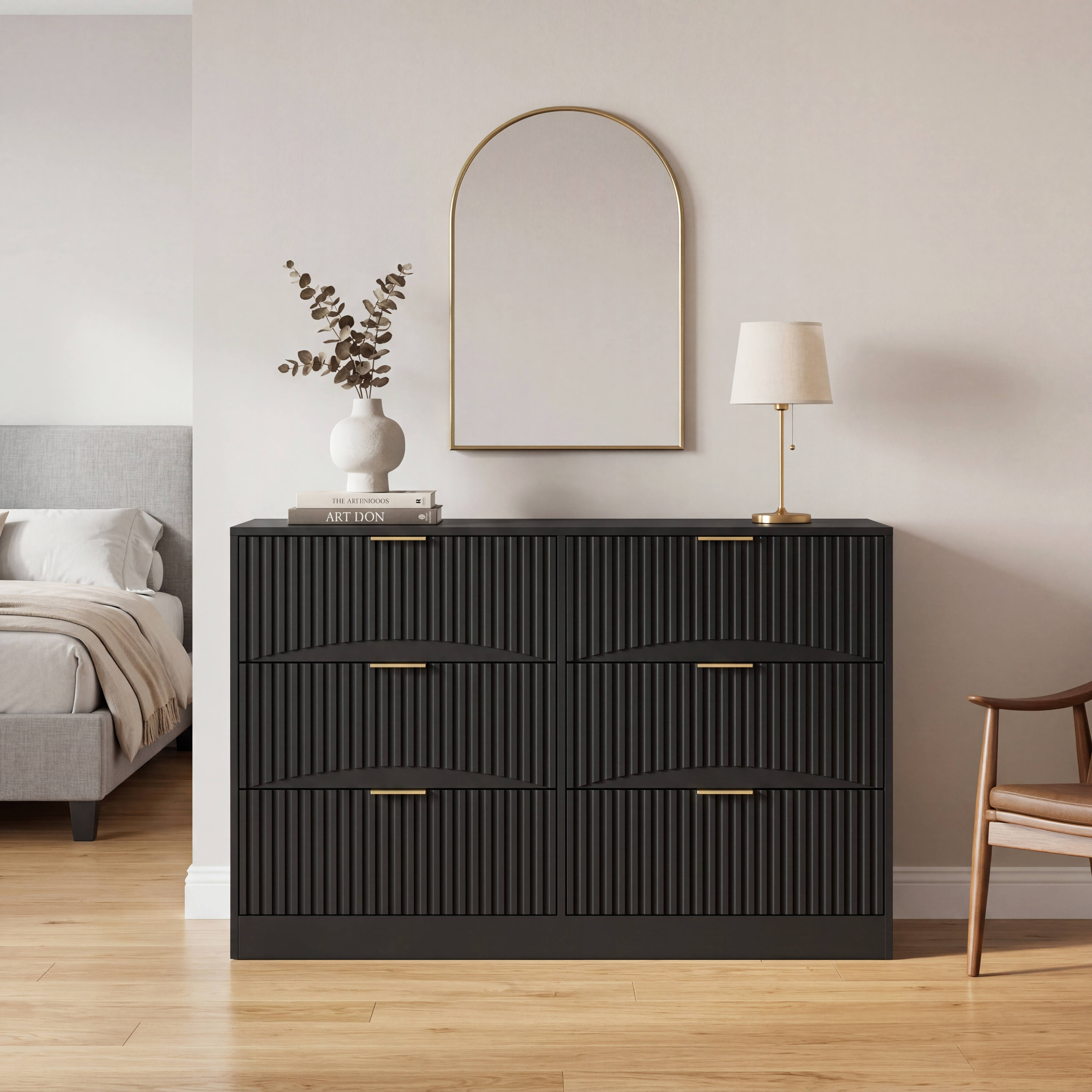 Black 6-drawer storage cabinet, drawers open detail
