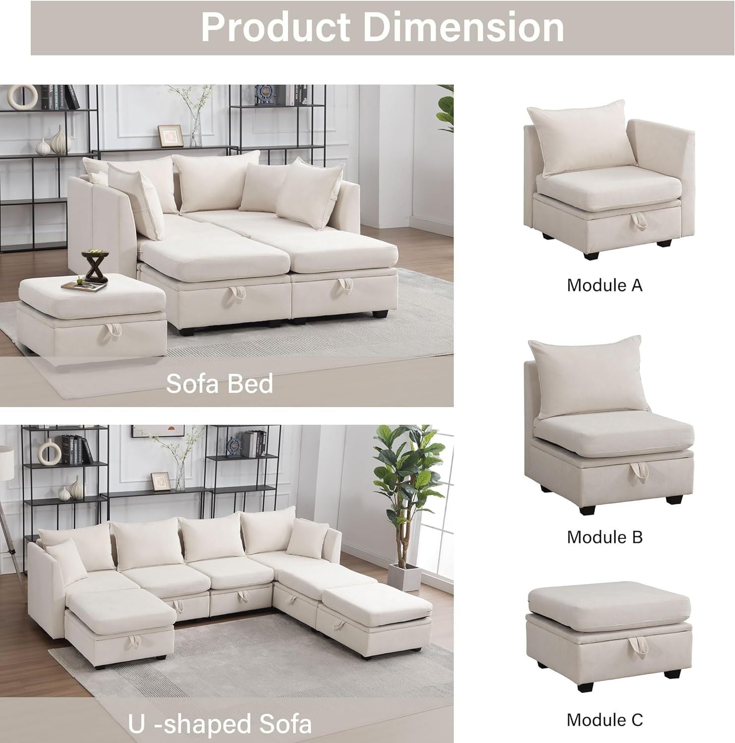 Modular Sectional Sofa, Convertible Sofa Couch with Storage, Sleeper Sectional Sofa Set, Flexible Modular Combinations Fabric Couch for Living Room,Beige  1 pcs