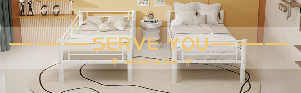 White metal twin bunk bed with ladder, angled view