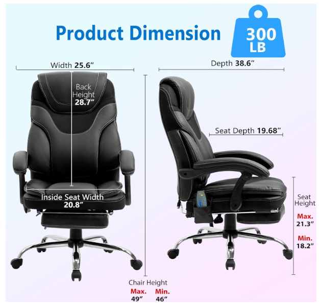 Massage Reclining Office Chair with Footrest, High Back Computer Chair Home Desk Ergonomic Executive Office Chair with Armrests, Adjustable Height.