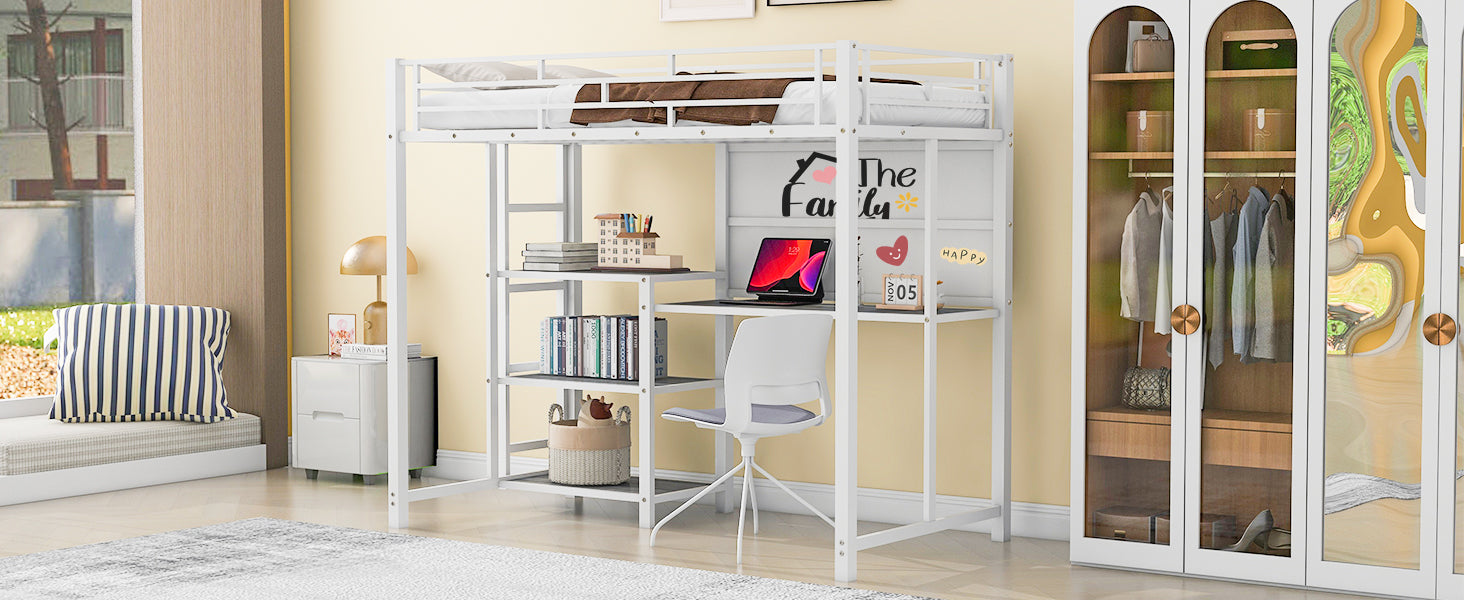 Twin Size Loft Bed with Desk and Whiteboard, Metal Loft Bed with 3 Shelves and Ladder, White