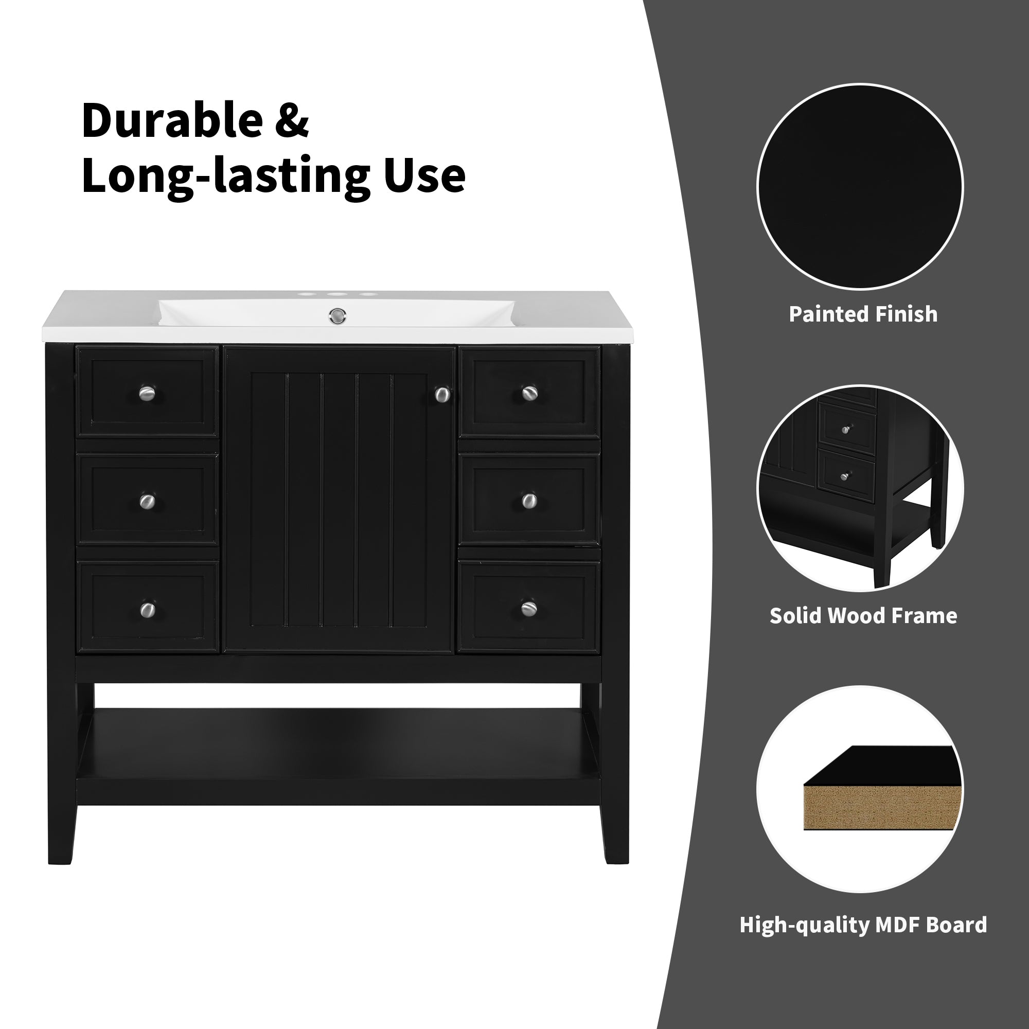 36" Bathroom Vanity with Sink Combo, One Cabinet and Three Drawers, Solid Wood and MDF Board, Black (Old Sku:SY999505AAB)