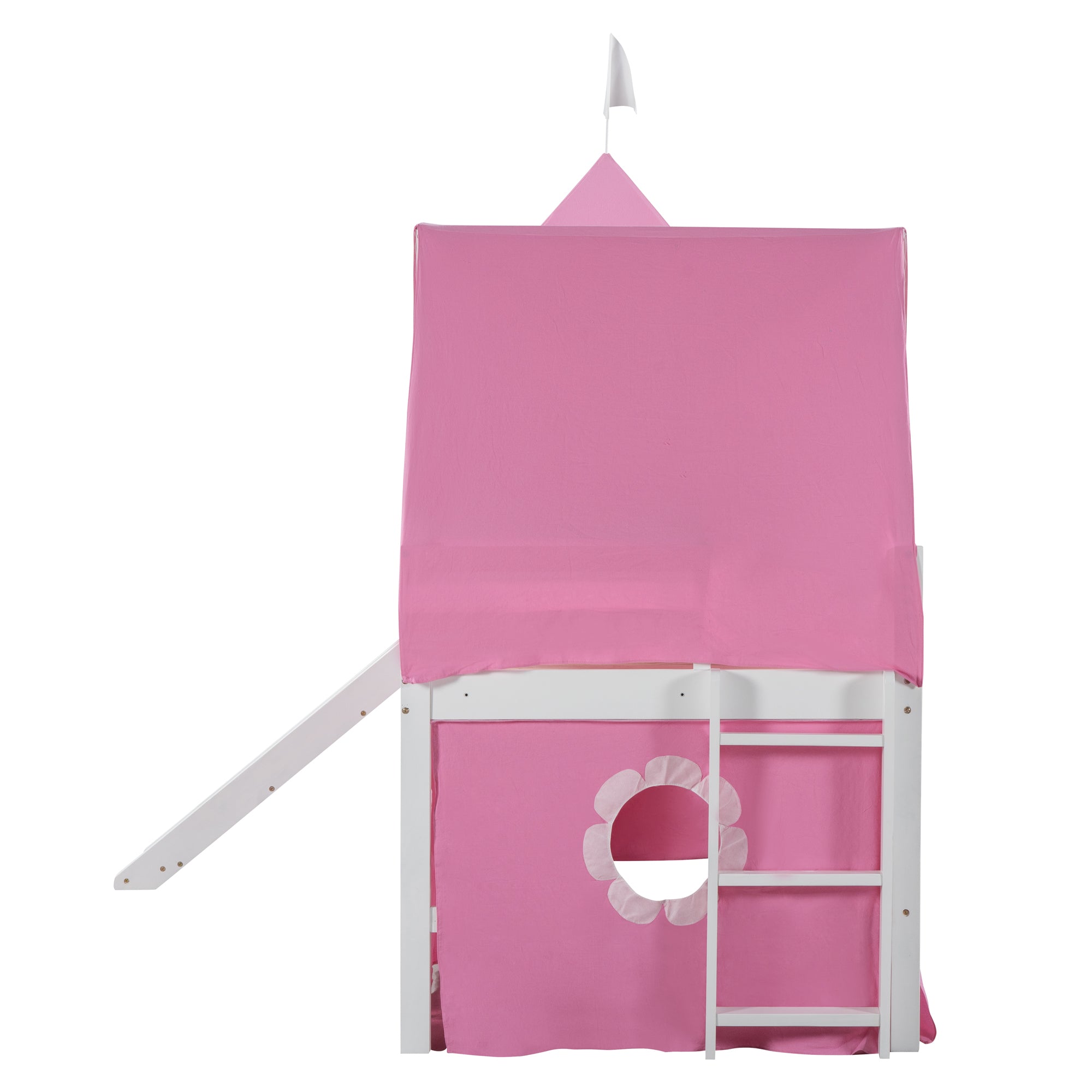 Twin Size Loft Bed with Slide Pink Tent and Tower - Pink