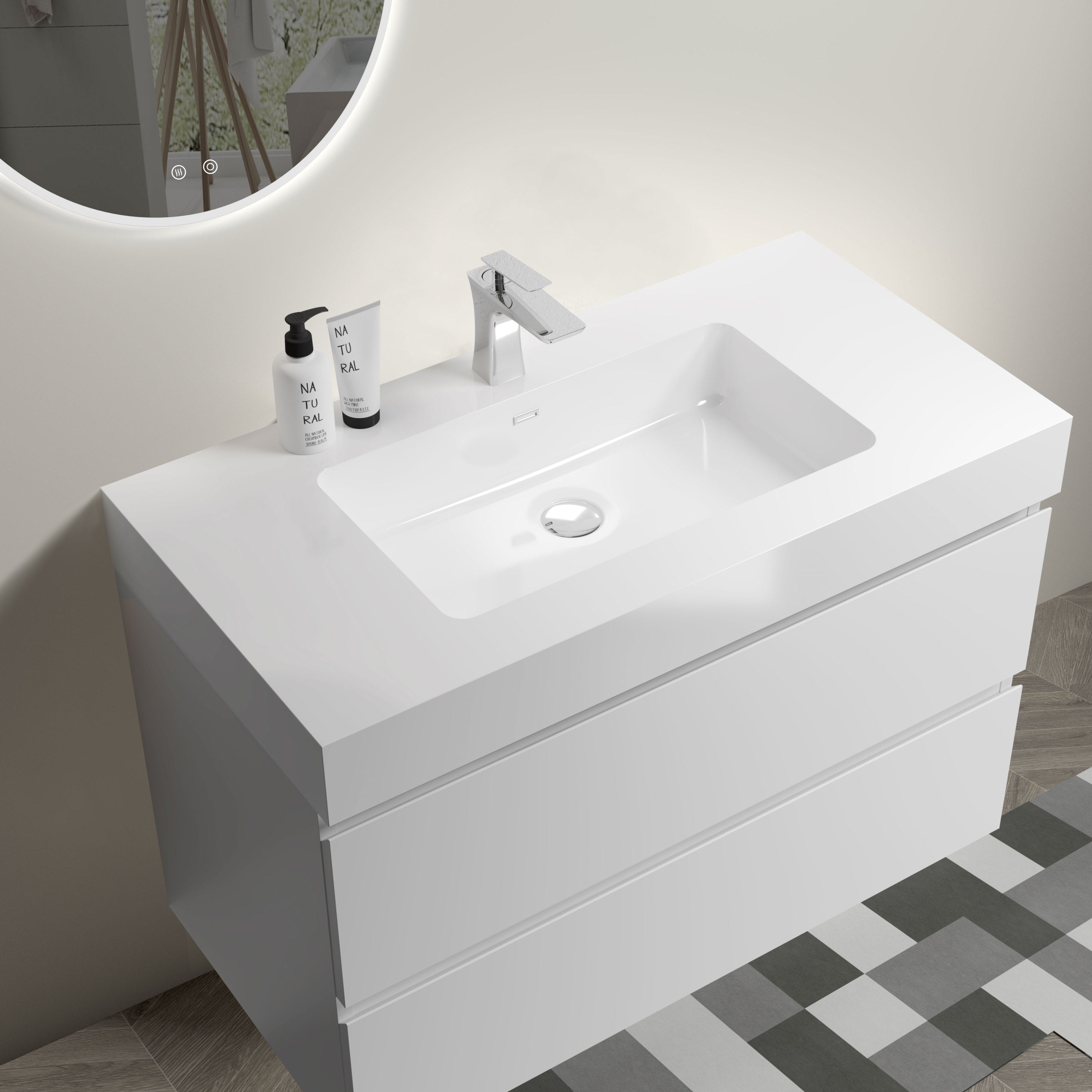 Alice 36" White Bathroom Vanity with Sink, Large Storage Wall Mounted Floating Bathroom Vanity for Modern Bathroom, One-Piece White Sink Basin without Drain and Faucet, Pre-assembled