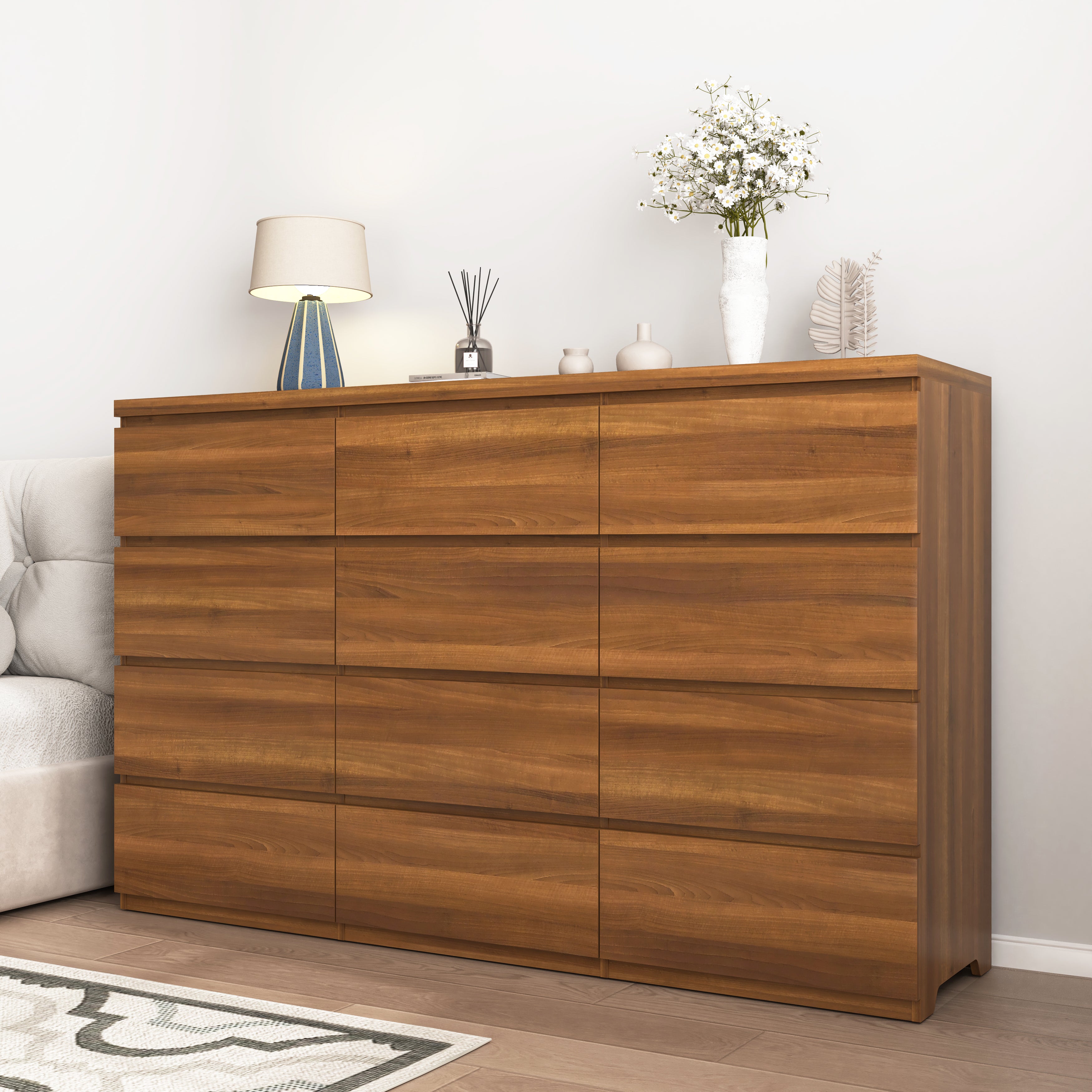 Modern walnut wood bedroom dresser, side profile view