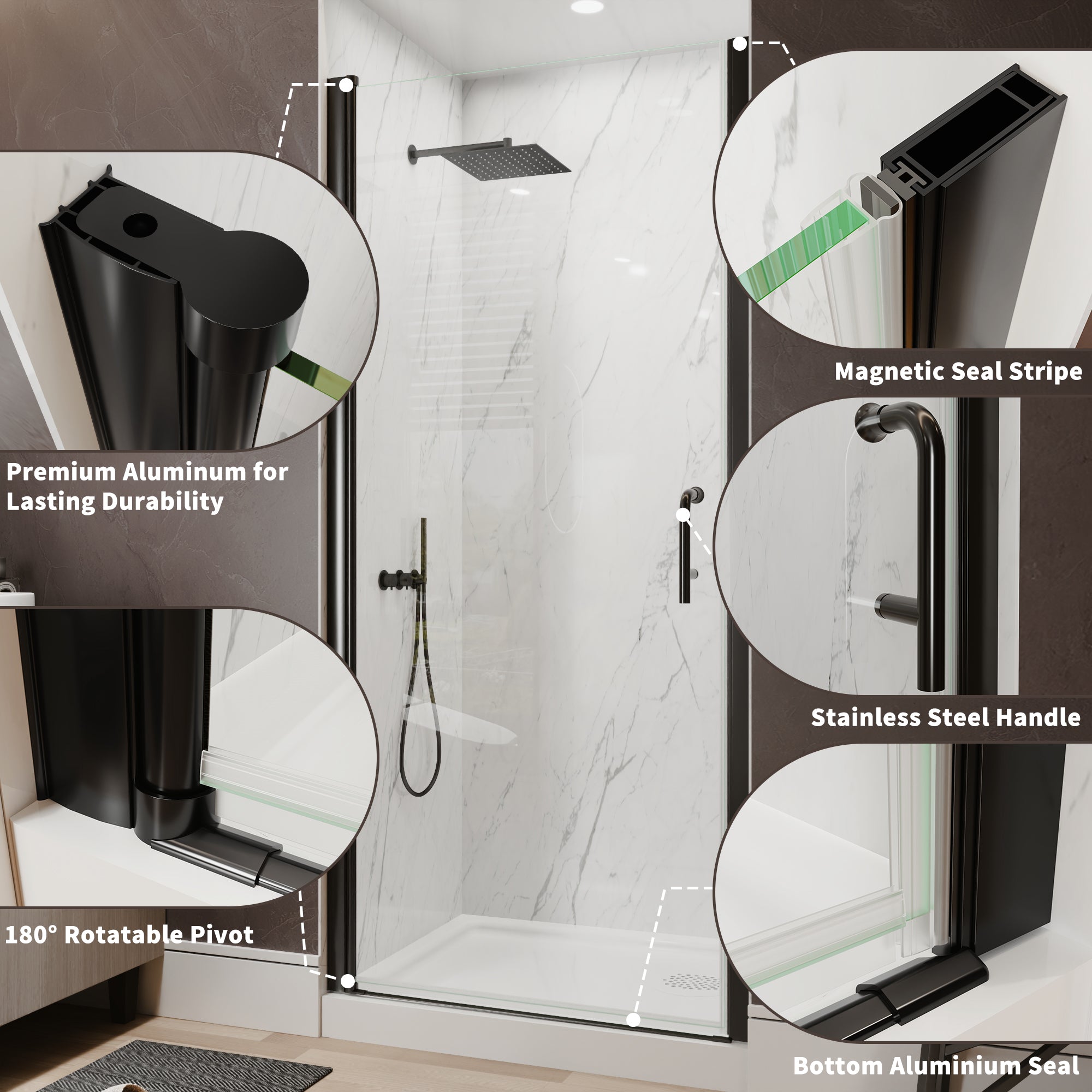 Matte black pivot shower door handle detail