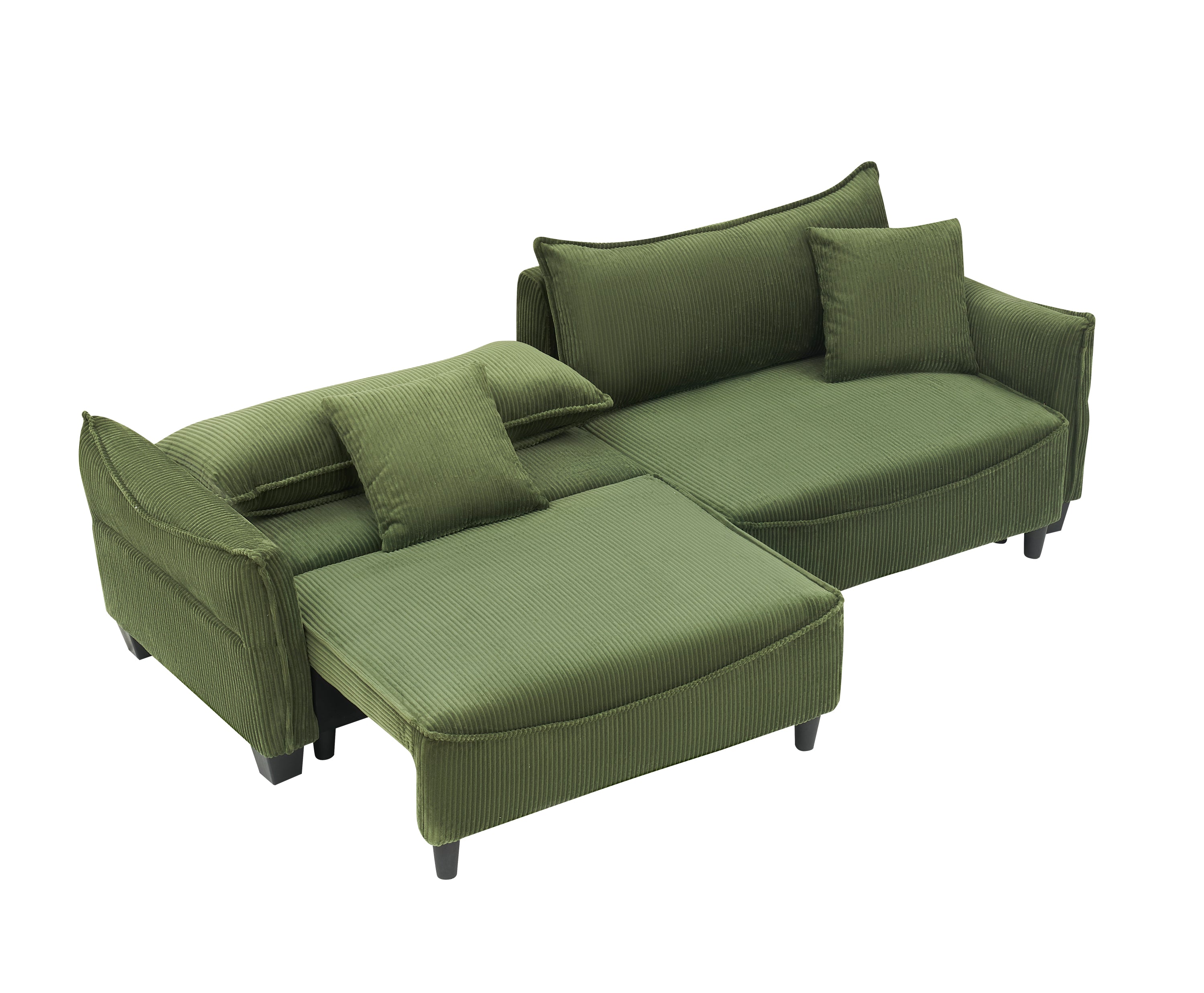 Sofa Showcasing Green Corduroy Fabric, Transformable into Sofa Bed with Two Throw Pillows: Ideal for Living Rooms & Diverse Scenes