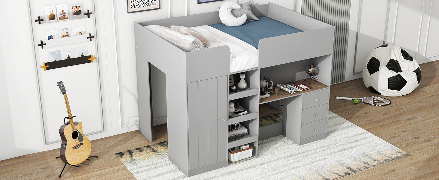 Wood Full Size Loft Bed with Built-in Wardrobe, Desk, Storage Shelves and Drawers, Grey