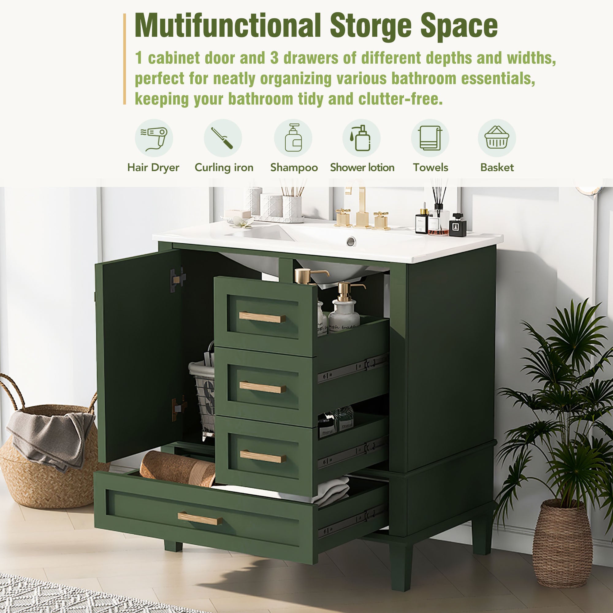 30" Bathroom Vanity in Green, Modern Bathroom Cabinet with Sink Combo Set, Bathroom Storage Cabinet with a Soft Closing Door and 3 Drawers, Solid Wood Frame