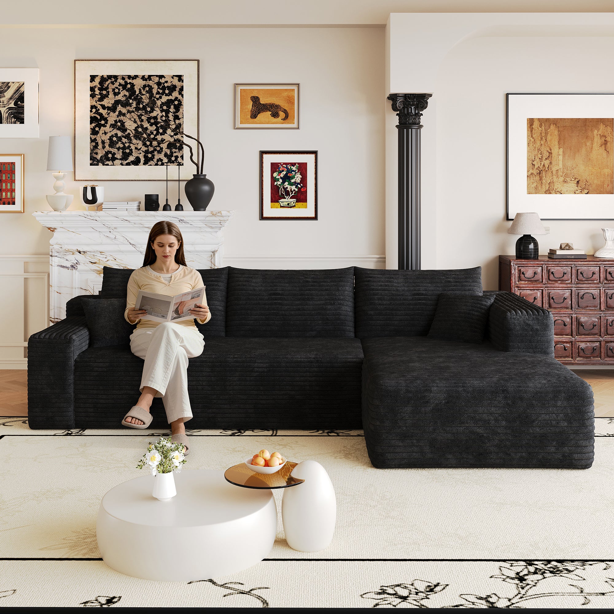 103-inch black corduroy L-shaped sectional sofa, front view