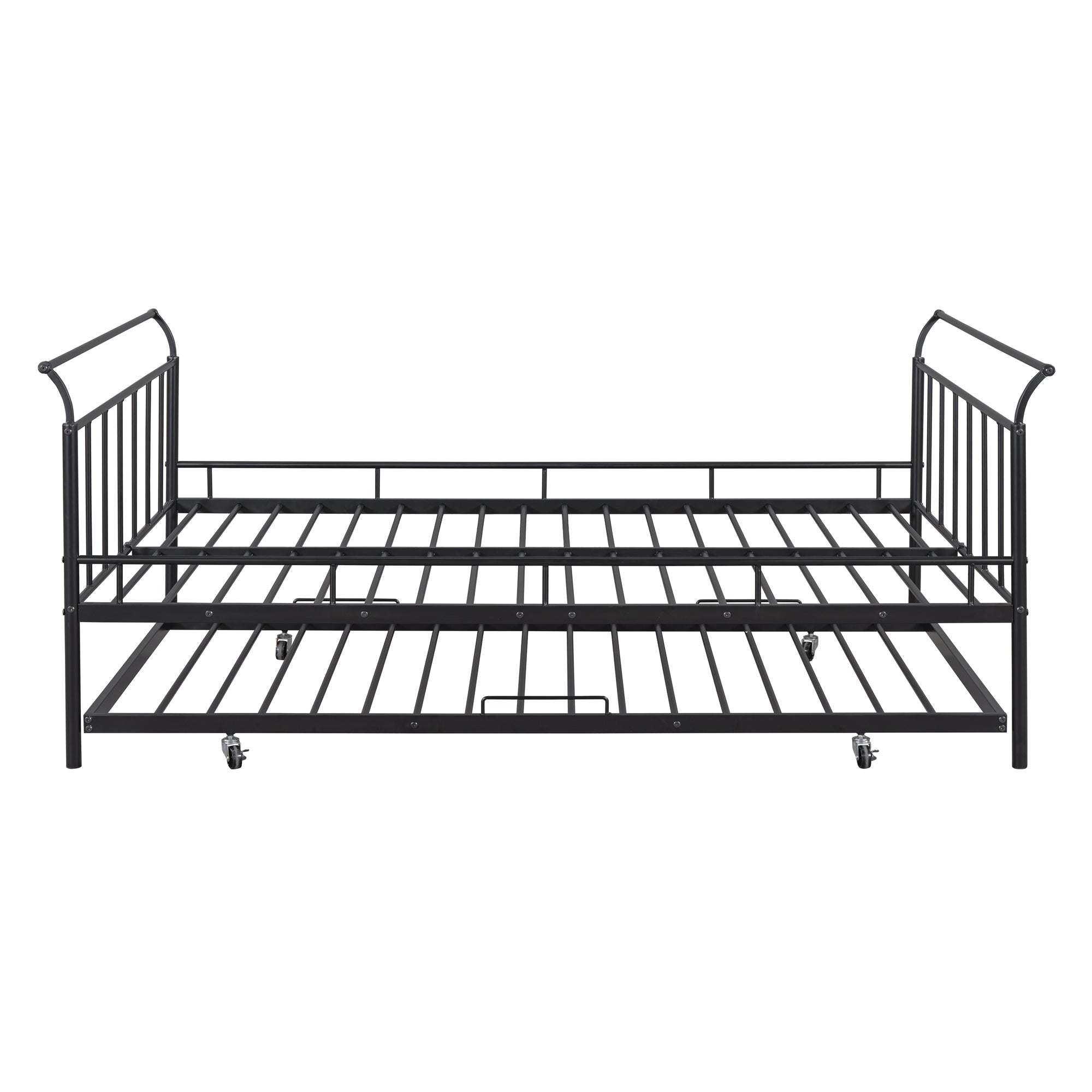 Full Size Metal Daybed with Curved Handle Design and Twin Size Trundle, Black