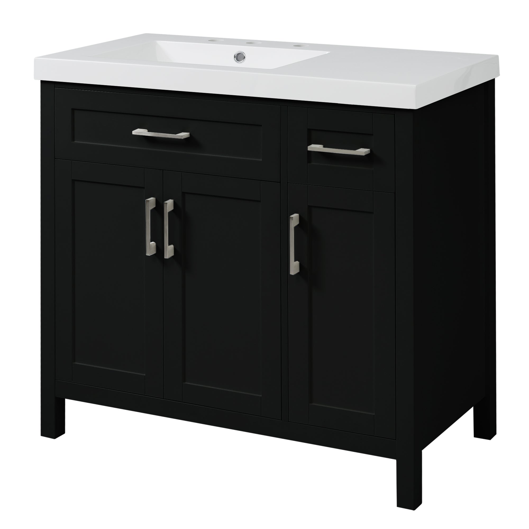 36" Black Bathroom Vanity Cabinet with Resin Integrated Sink - 2 Drawers, 3 Doors