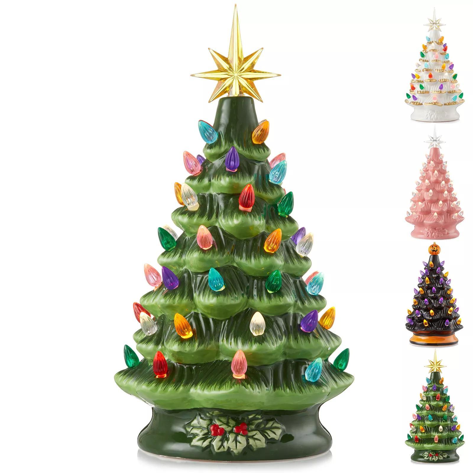 Pre-Lit Ceramic Christmas Tree Hand-Painted Tabletop with Lights 12"