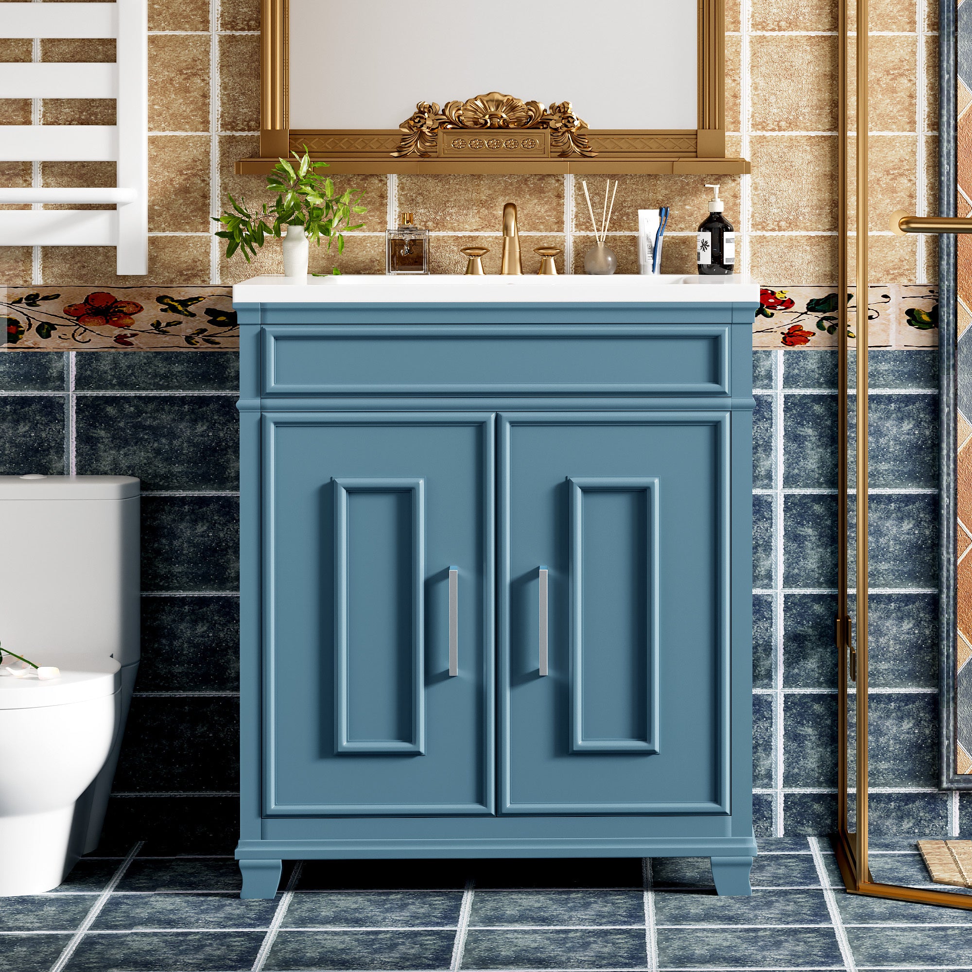 30 Inch Bathroom Vanity with Ceramic Sink, Freestanding Bathroom Vanity Set with Storage Shelf, Storage Cabinet for Bathroom, Solid Wood Frame Bathroom Cabinet, Blue