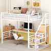 Full Size Metal Loft Bed with Desk, Storage Staircase and Small Wardrobe, Storage stairs can be installed left and right, White