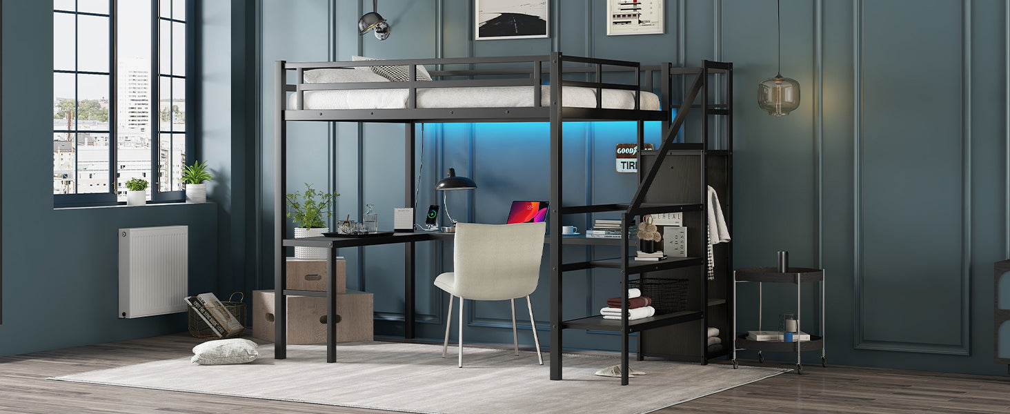 Full Size Loft Bed with L-shaped Desk and USB, Metal Loft Bed with Wardrobe and Adjustable Shelf, High Loft Bed with LED for Kids Teens Adults, Black