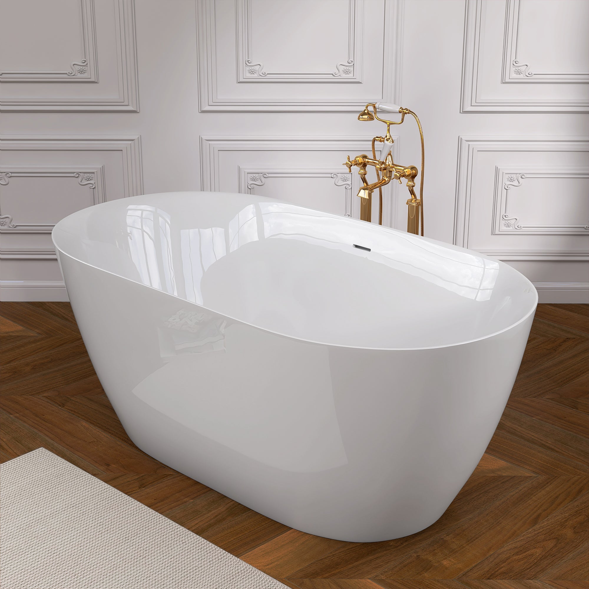 55" Acrylic Freestanding Bathtub Contemporary Soaking White Tub with Overflow and Pop-up Drain Gloss White