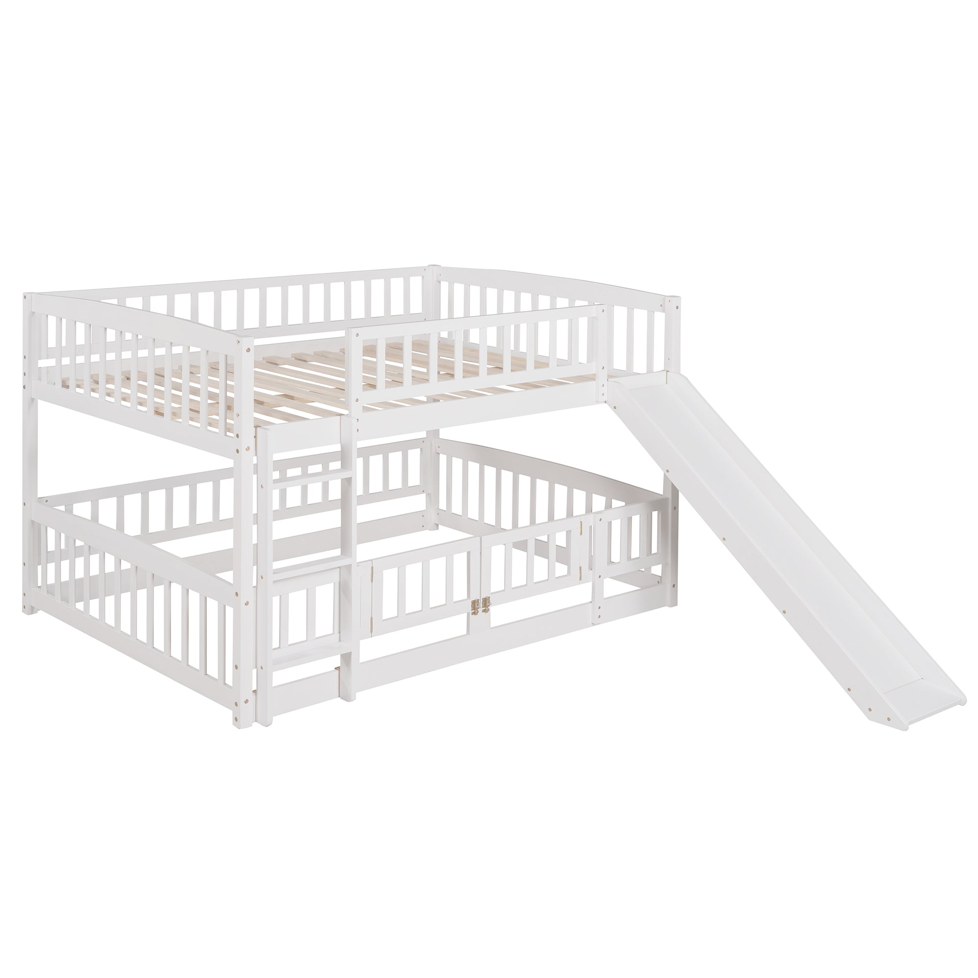 Bunk Bed with Slide,Full Over Full Low Bunk Bed with Fence and Ladder for Toddler Kids Teens White