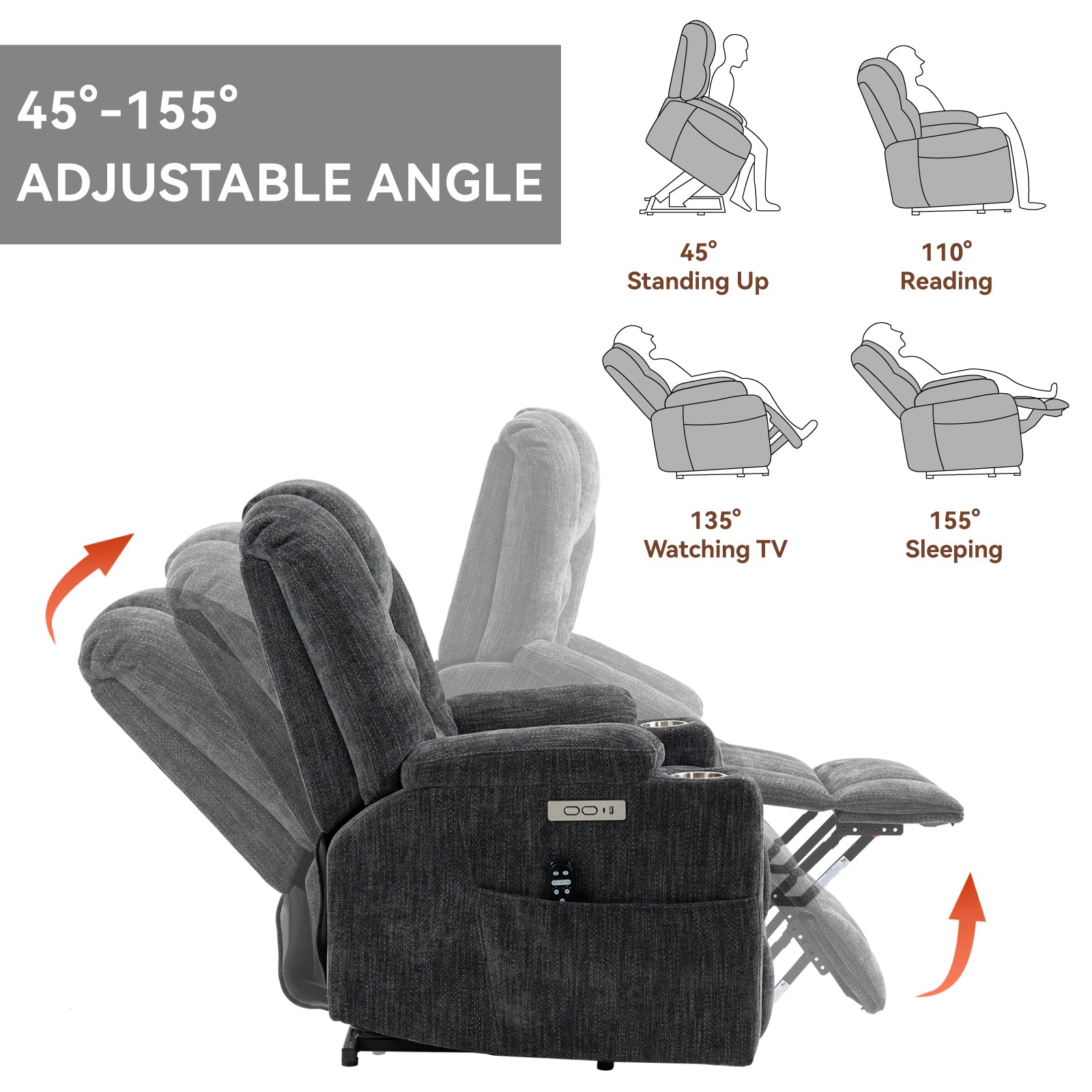 EMON'S Large Power Lift Recliner Chair with Massage and Heat for Elderly, Overstuffed Wide Recliners, Heavy Duty Motion Mechanism with USB and Type C Ports, 2 Steel Cup Holders, Gray