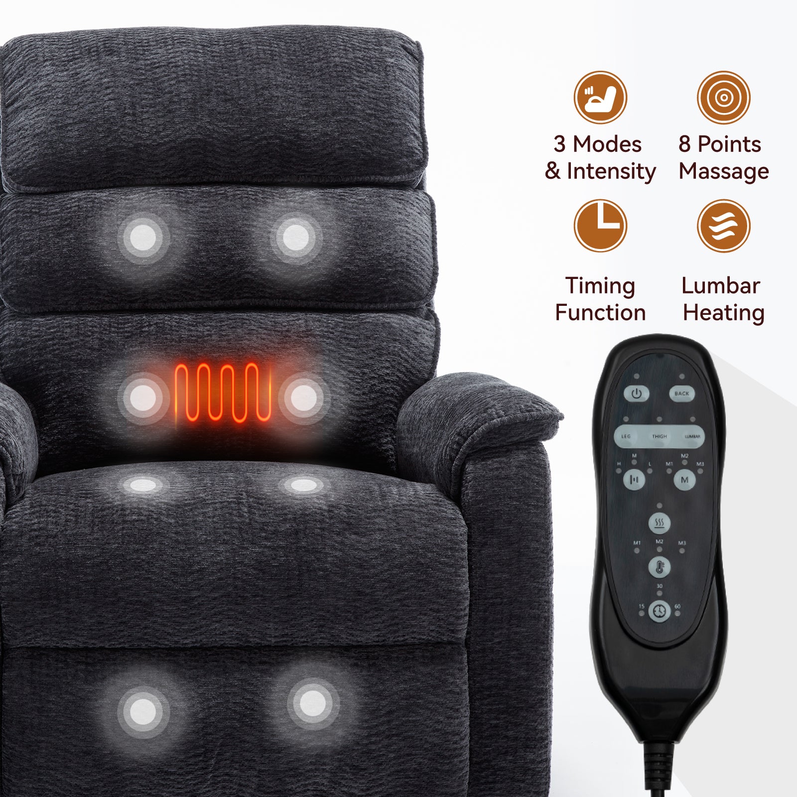 Grey Chenille Dual Motor Infinite Position Up to 350 LBS Power Lift Recliner Chair with Power-Remote, Heat Massage and Heavy Duty Motion Mechanism