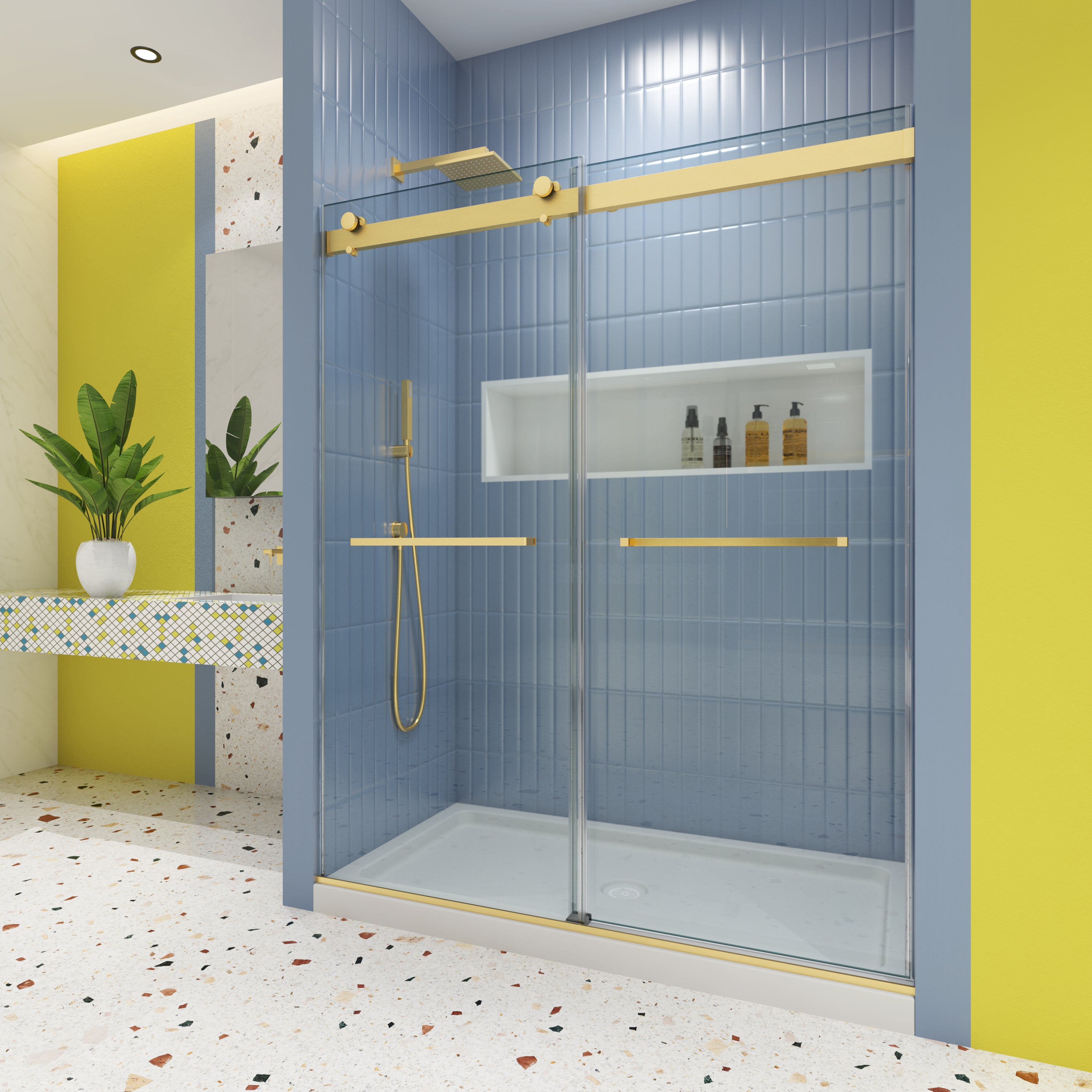 Brushed gold shower door hardware detail