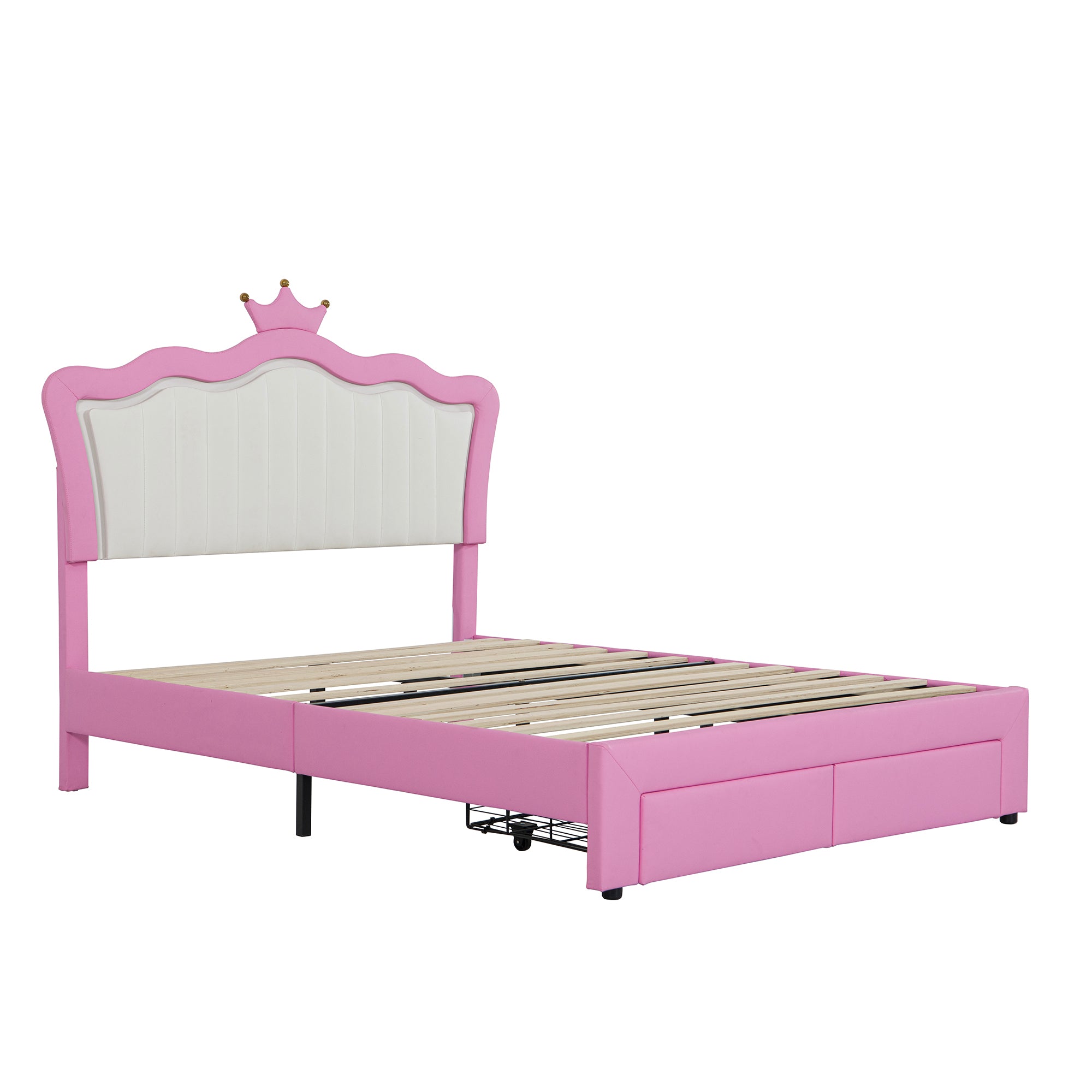 Full Size Upholstered Bed Frame with LED Lights, Modern Upholstered Princess Bed with Crown Headboard, 2 Drawers, Pink+White