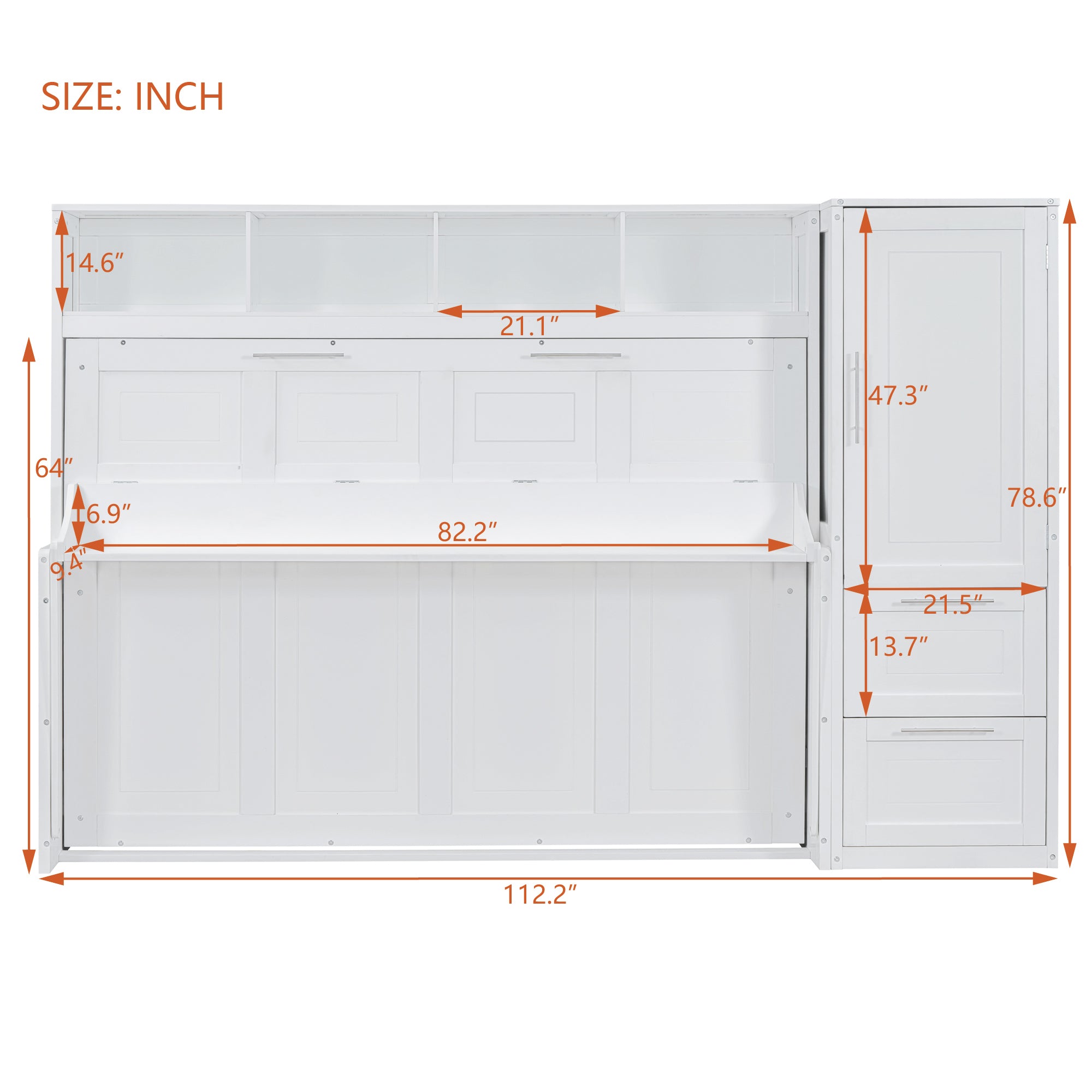 Queen Size Murphy Bed Wall Bed with Closet and Drawers,White