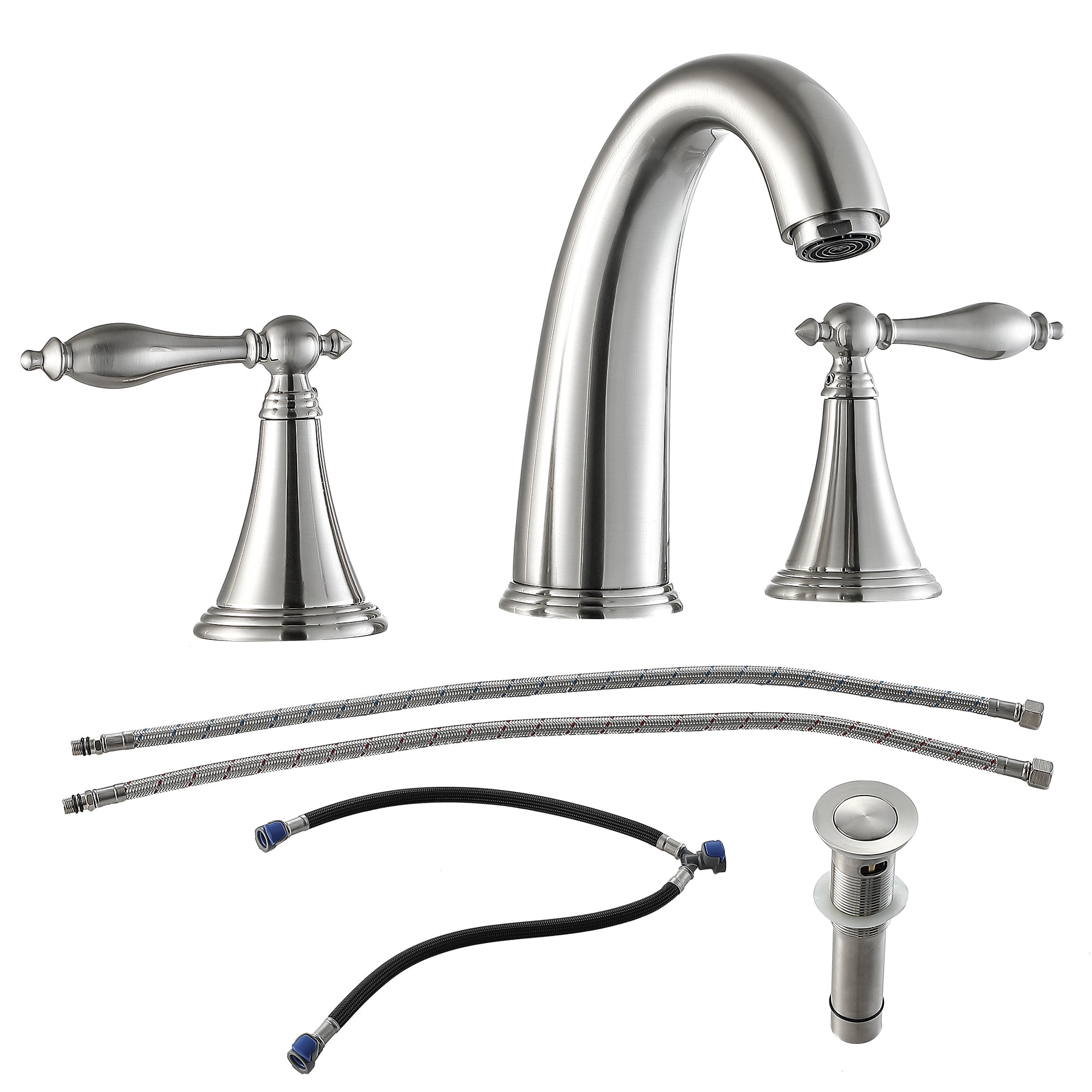 2 Handle Widespread Bathroom Faucet 3 Hole, with Pop Up Drain and 2 Water Supply Lines, Brushed Nickel