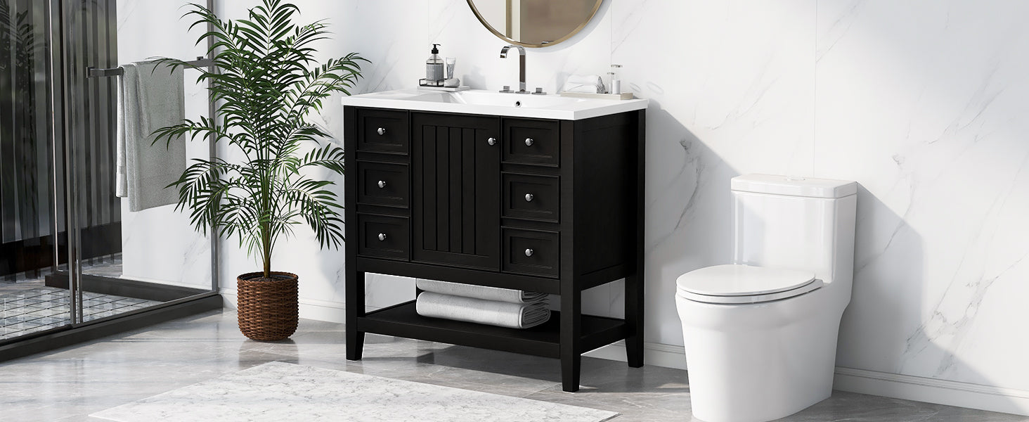 36" Bathroom Vanity with Sink Combo, One Cabinet and Three Drawers, Solid Wood and MDF Board, Black