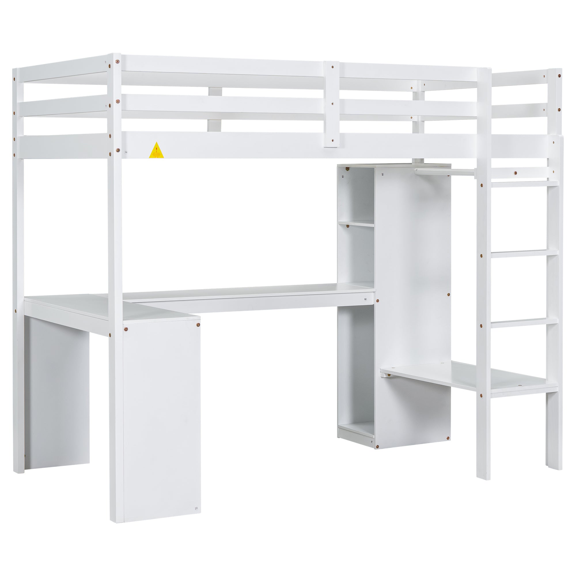 Twin Size Loft Bed with L-shaped Desk, Wardrobe and Storage Shelves, White