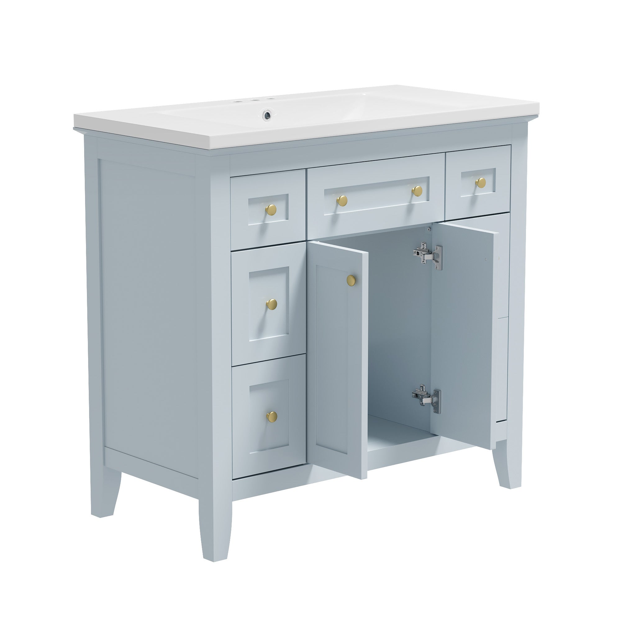 36'' Bathroon Vanity with Resin Sink Combo Set, Modern Freestanding Single Bathroom Cabinet with 6 Drawers & 2 Cabinets, Storage Cabinet for Bathroom, Solid Wood Frame Vanity Set, Light Blue