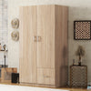 Wooden Wardrobe with Double Doors, Armoire with Hanging Rod, 5 Fixed Shelves, One Storage Drawer,Natural