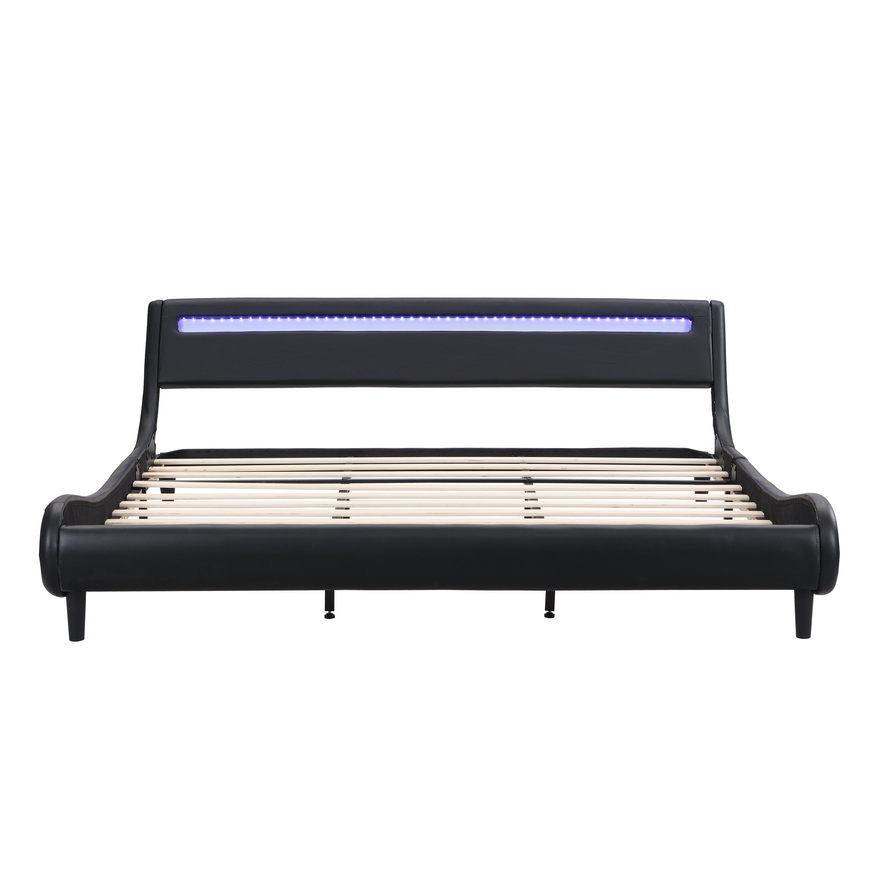 Modern Upholstered Platform Bed Frame with LED Lights Headboard, Faux Leather Wave-Like Platform Bed Frame,Strong Wood Slats Support, Easy Assembly, Black, King Size