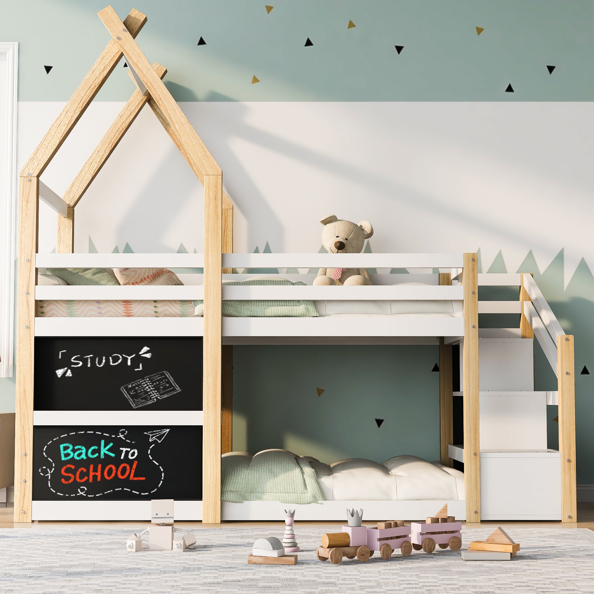 Twin over Twin House Bunk Bed with White Storage Staircase and 2 Blackboards, White and Natural