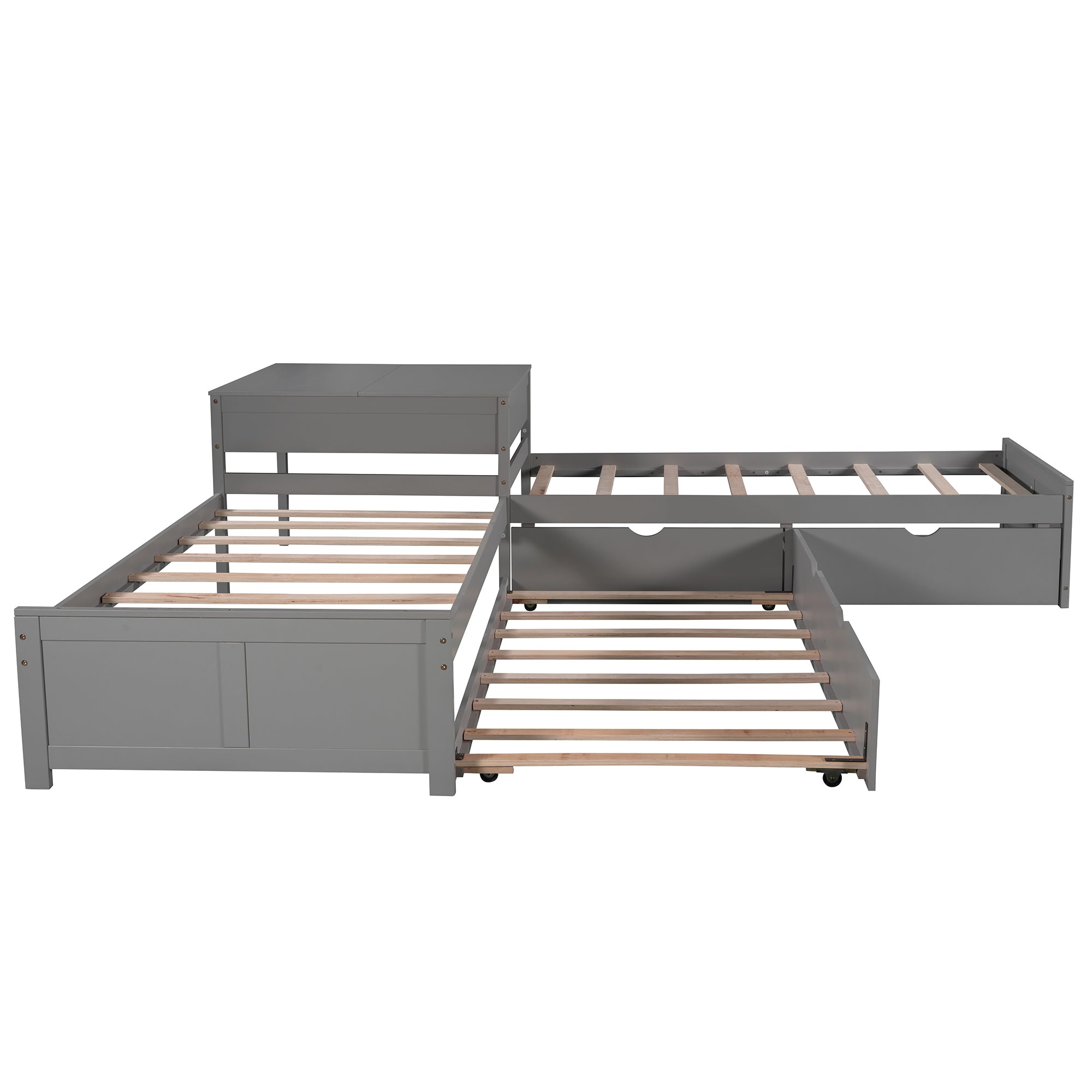 L-shaped Platform Bed with Trundle and Drawers Linked with built-in Desk,Twin,Gray(Old SKU:SM000916AAE-1)