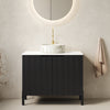 30-inch freestanding bathroom vanity, black cabinet with white ceramic sink, front view