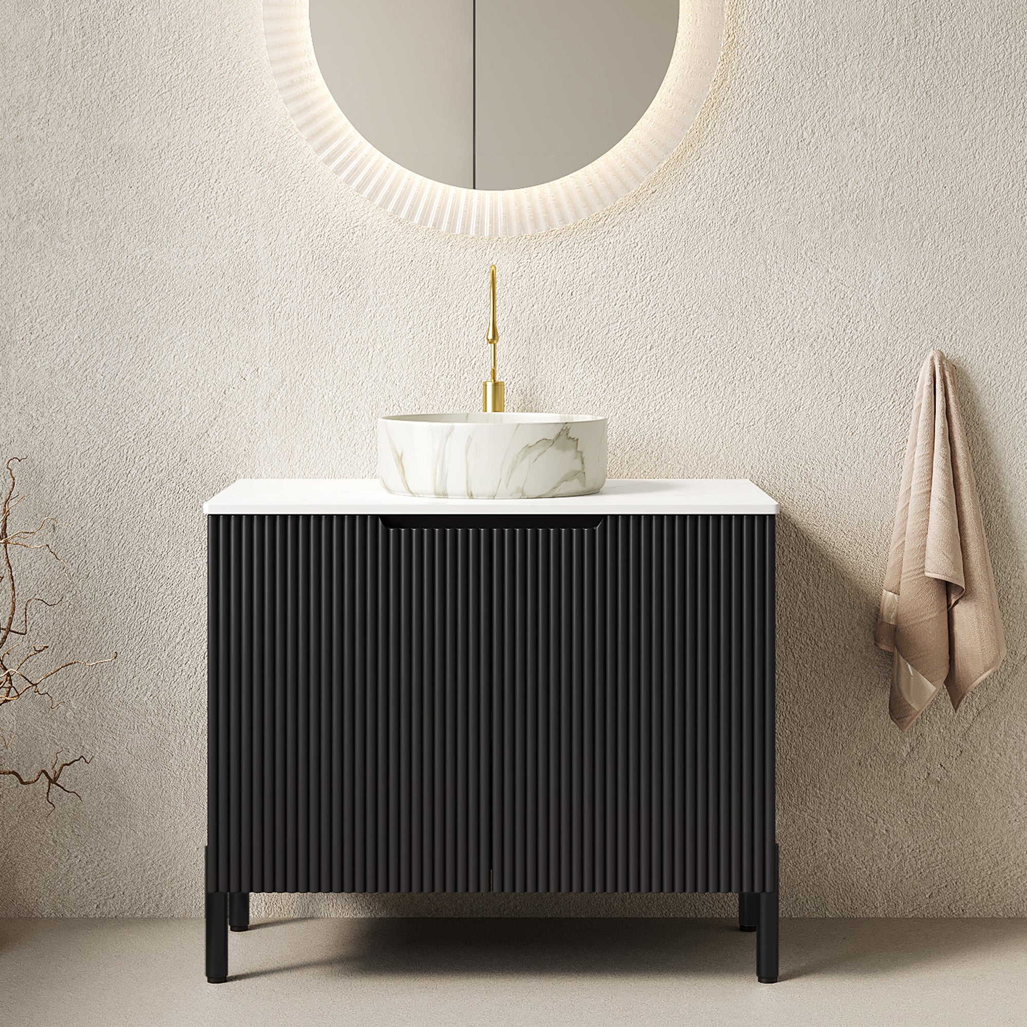 30-inch freestanding bathroom vanity, black cabinet with white ceramic sink, front view