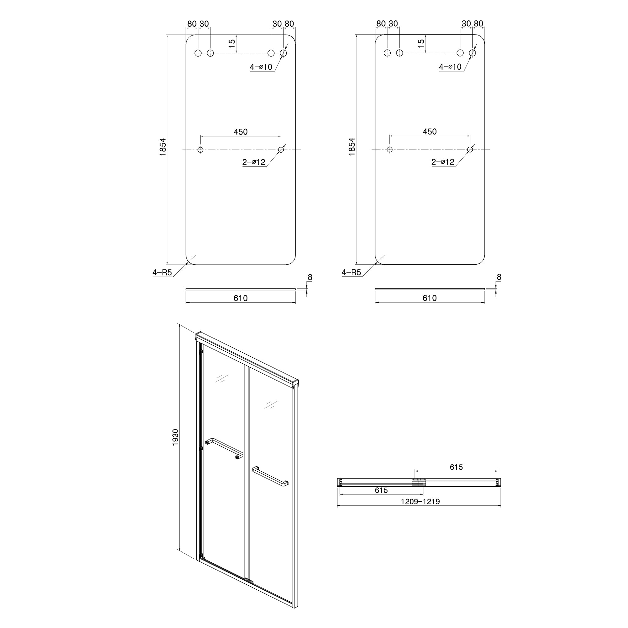 Shower Door 48" W x 76"H Semi-Frameless Bypass Sliding Shower Enclosure, Chrome