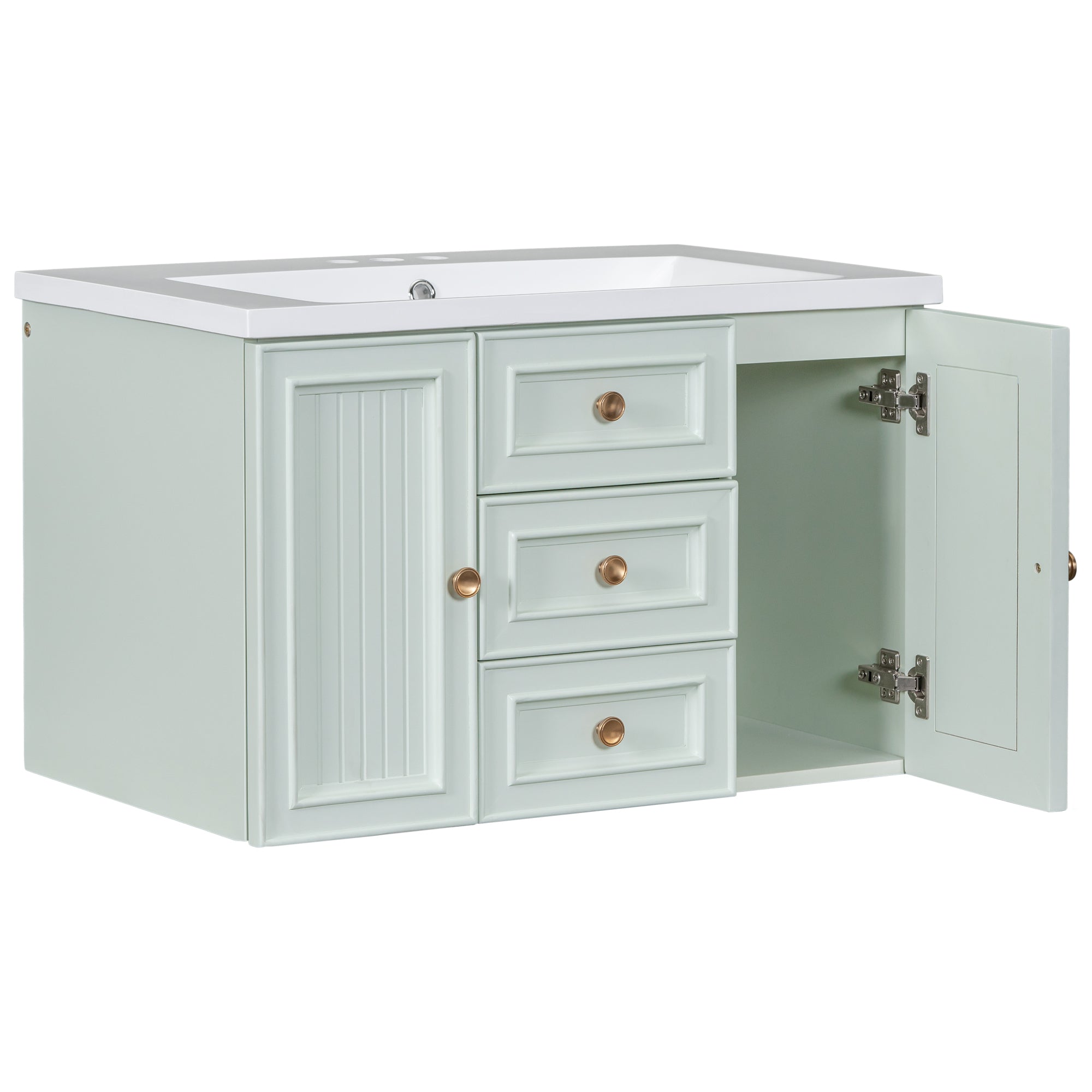 30" Wall Mounted Bathroom Vanity with Sink Combo, Functional Drawer, Solid Wood & MDF Board & Ceramic, Green