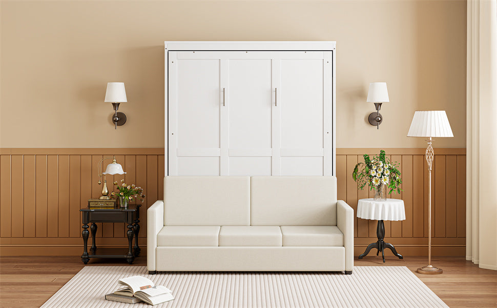 Full Size Murphy Bed Wall Bed with Cushion,White