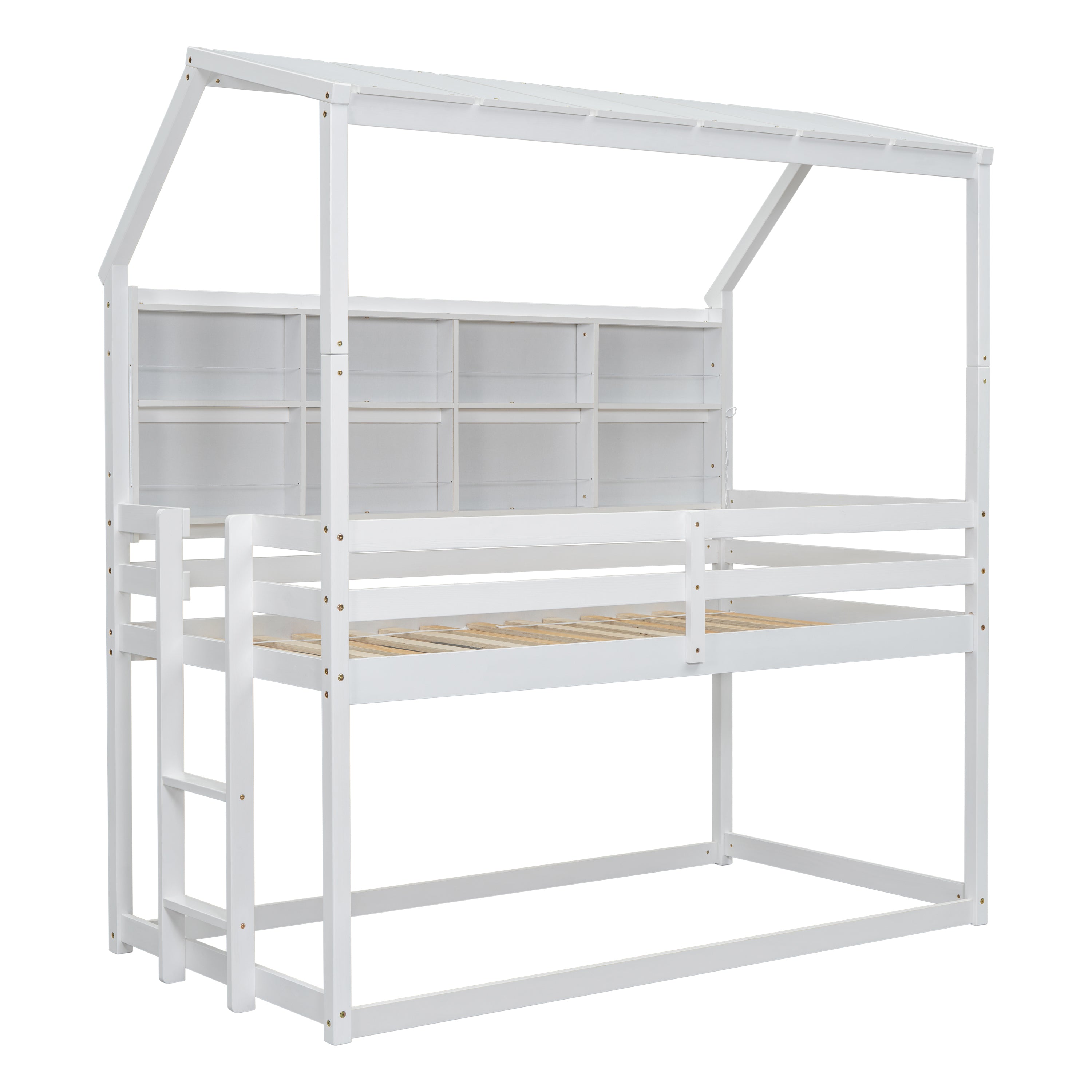 Twin Over Twin Low Bunk Bed with House Semi-enclosed Roof,Guardrails, Bedside Shelves and Ladder, White